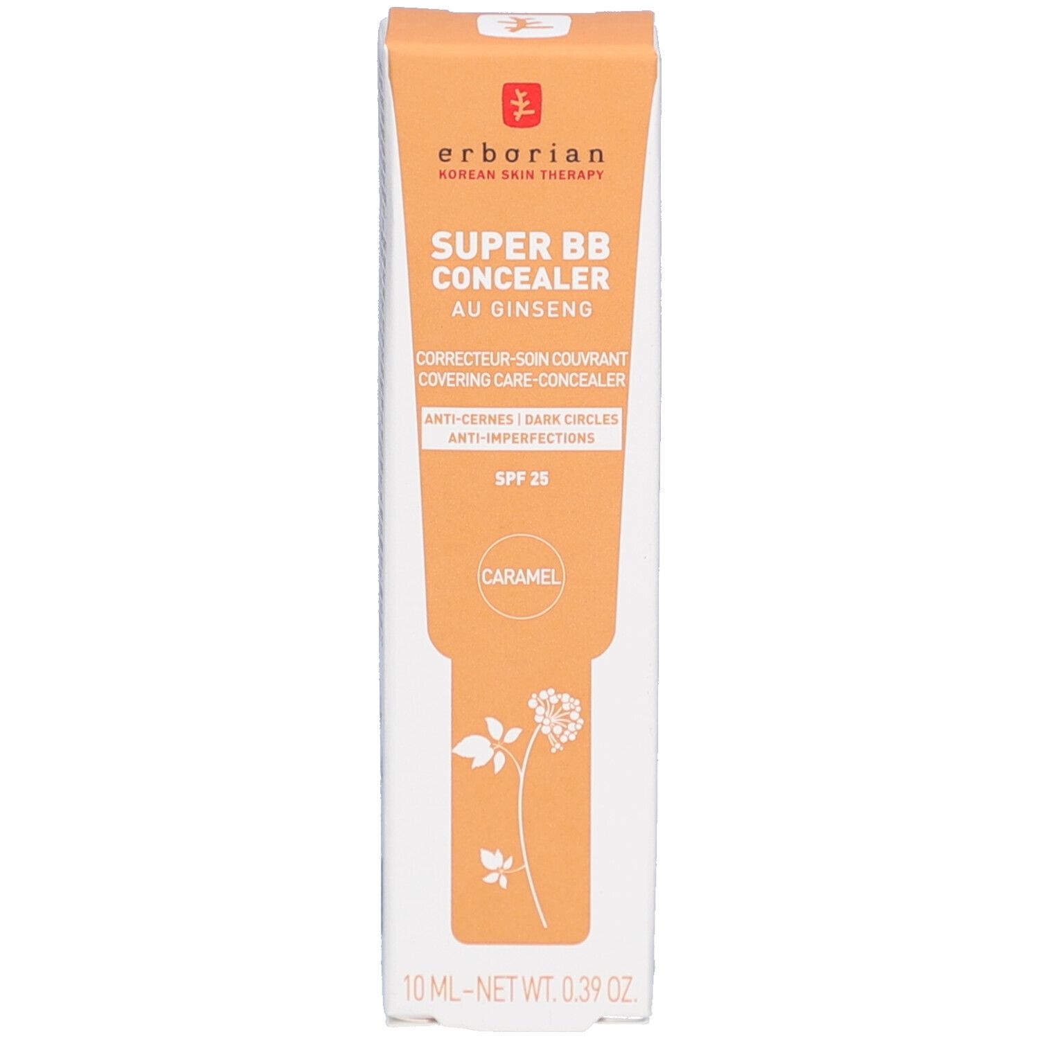 Emballage du correcteur. Orange avec texte et illustration. Marque Erborian. Produit: Super BB Concealer Au Ginseng.