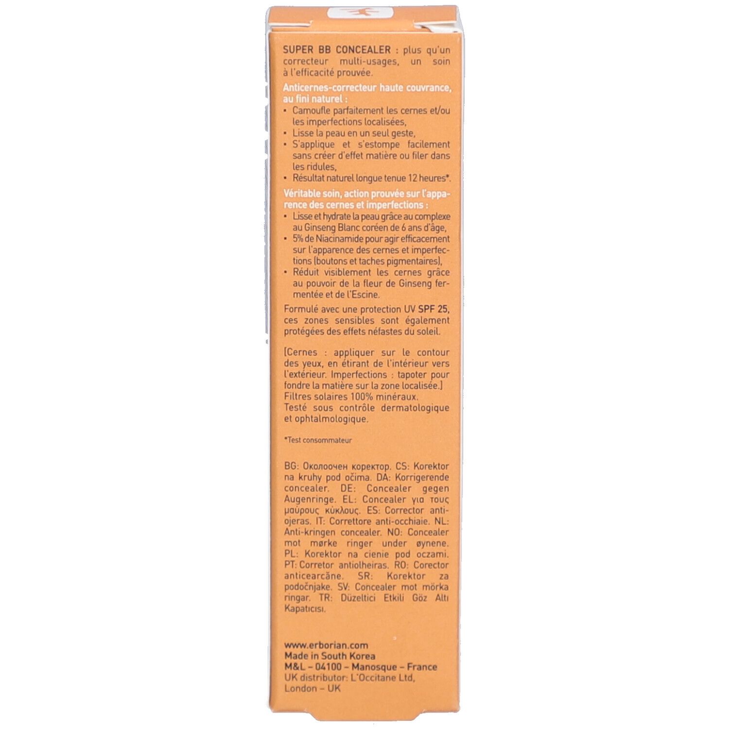 Dos de l'emballage. Texte: Description du produit, instructions d'utilisation. Marque: Erborian. Fabriqué en Corée du Sud.