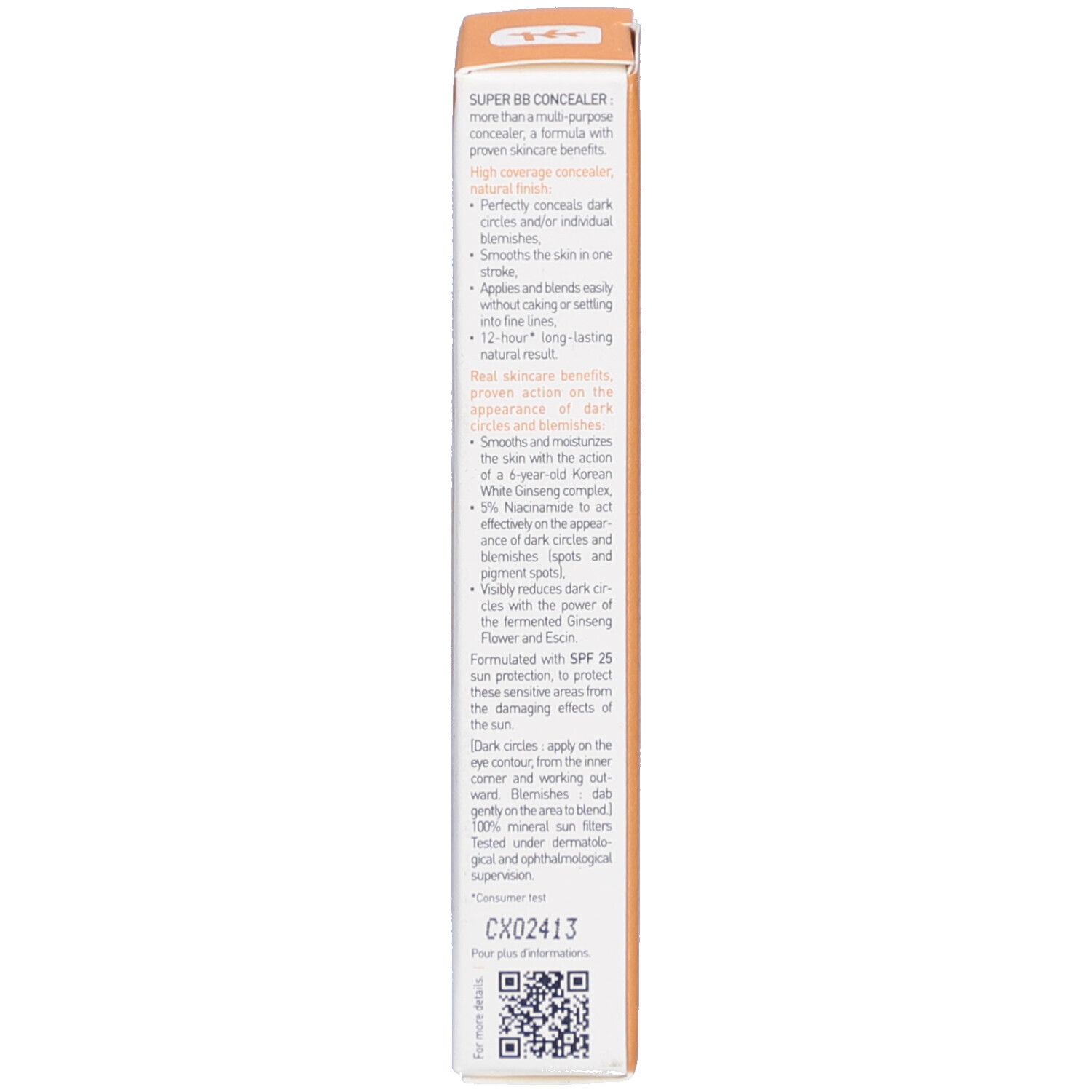 Côté de l'emballage. Texte: Avantages du produit, instructions d'utilisation. Marque: Erborian. Code QR.