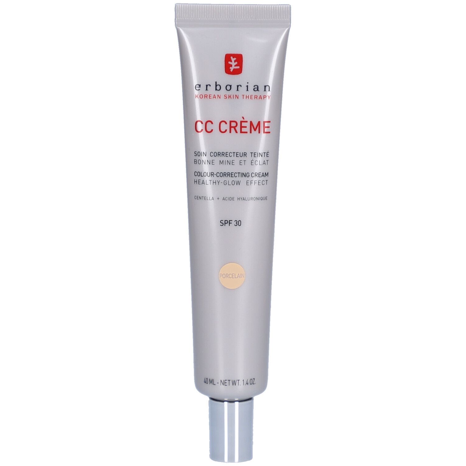 Erborian CC Crème Porcelain SPF 30 dans un tube argenté avec un bouchon argenté.