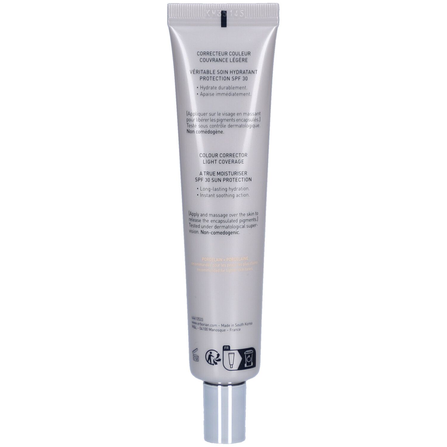 Arrière d'un tube Erborian CC Crème Porcelain SPF 30 avec informations produit.