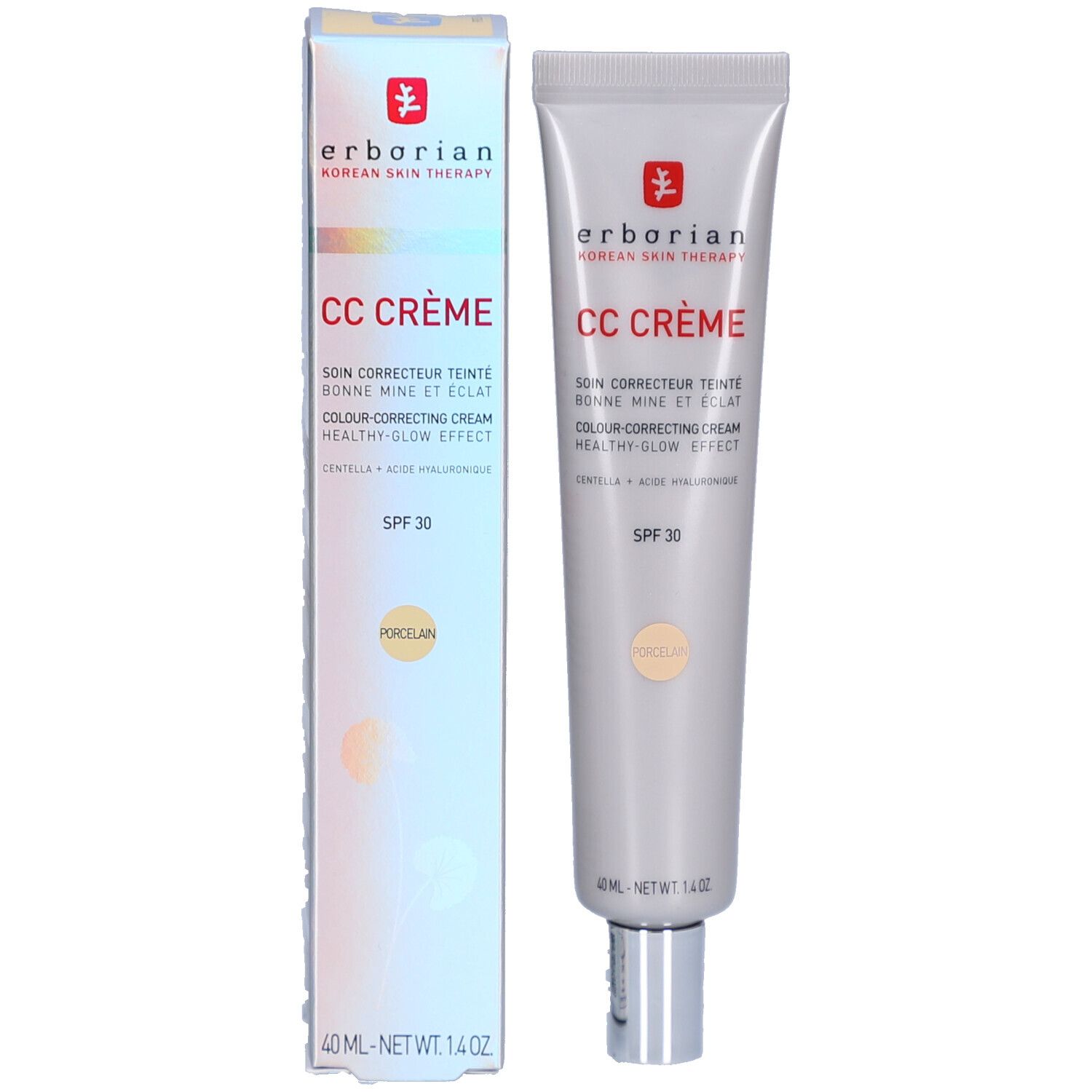 Tube et boîte Erborian CC Crème Porcelain SPF 30, tous deux argentés.