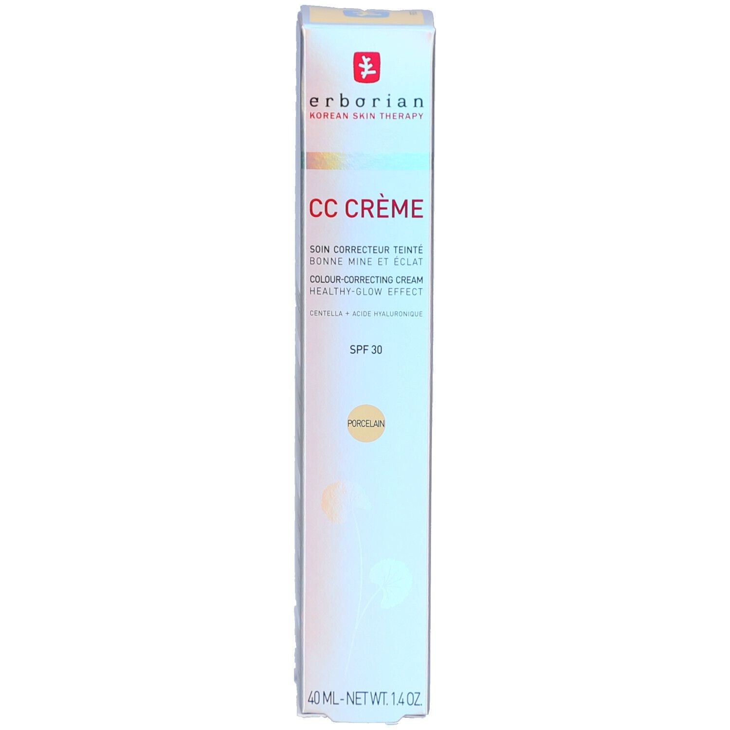 Vue latérale de la boîte Erborian CC Crème Porcelain SPF 30.