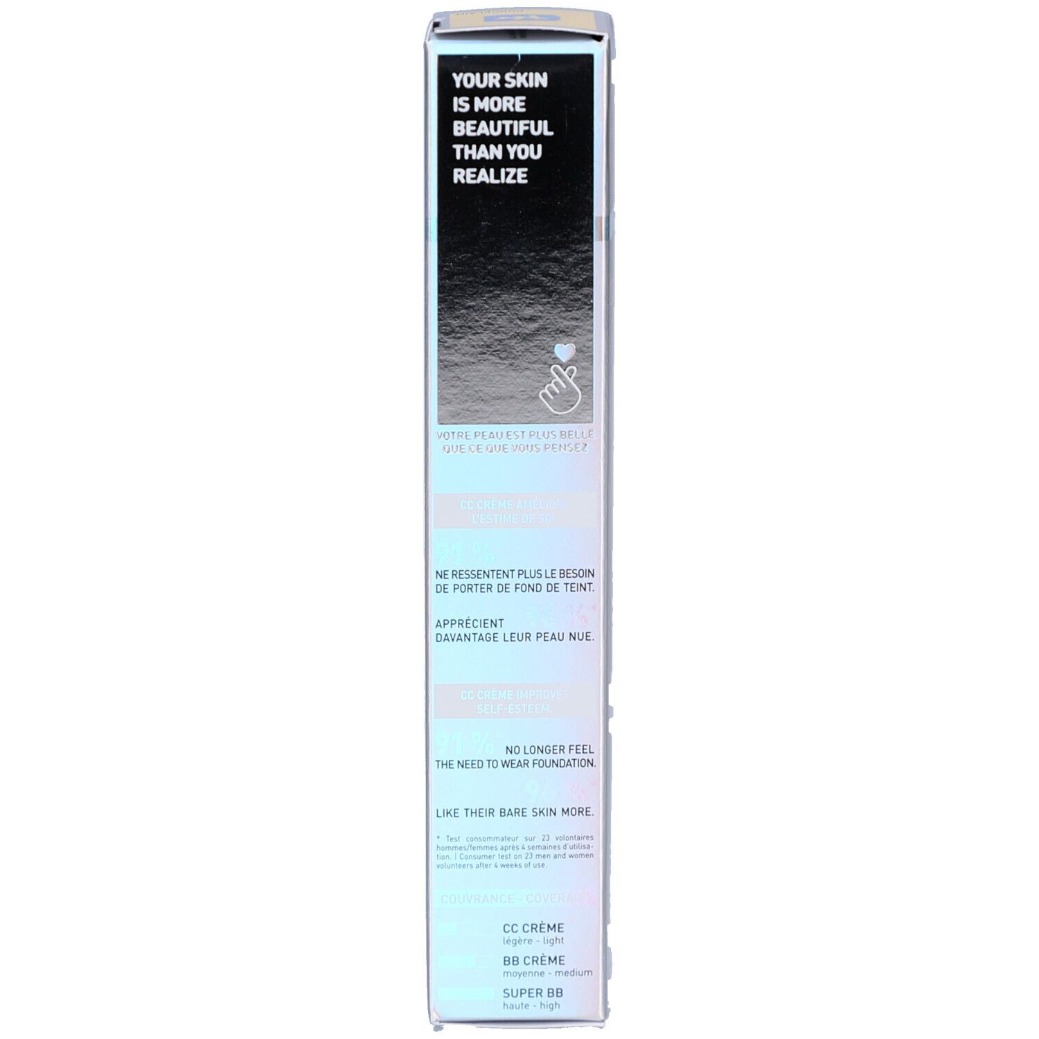 Vue latérale de la boîte Erborian CC Crème Porcelain SPF 30 avec texte.