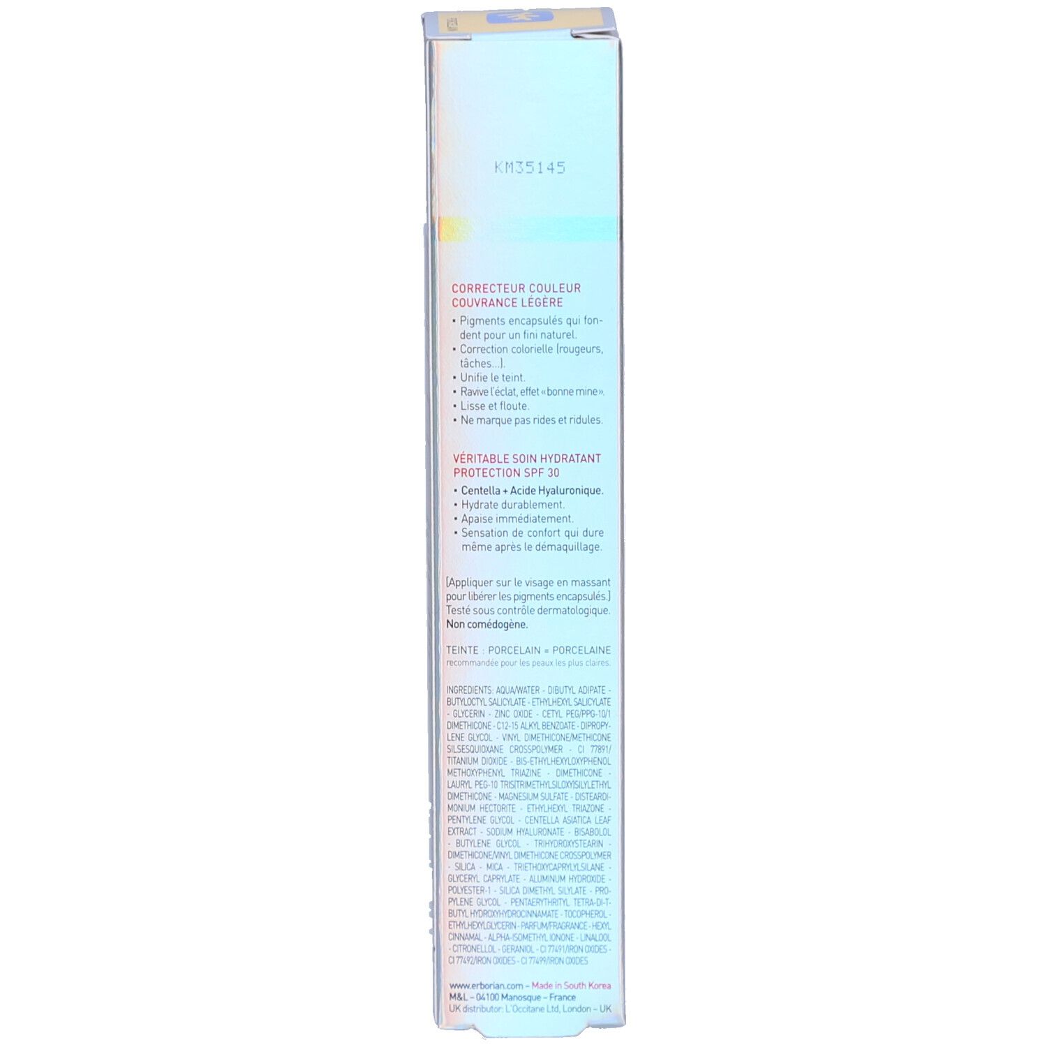 Vue latérale de la boîte Erborian CC Crème Porcelain SPF 30 avec ingrédients.