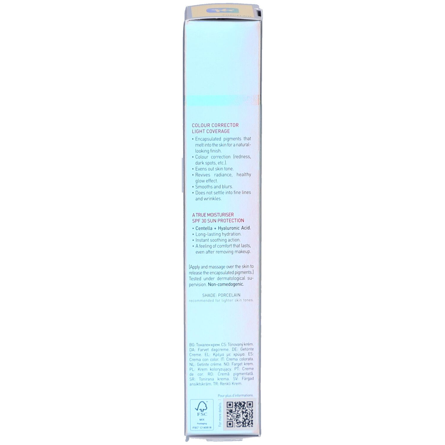 Vue latérale de la boîte Erborian CC Crème Porcelain SPF 30 avec texte et code QR.