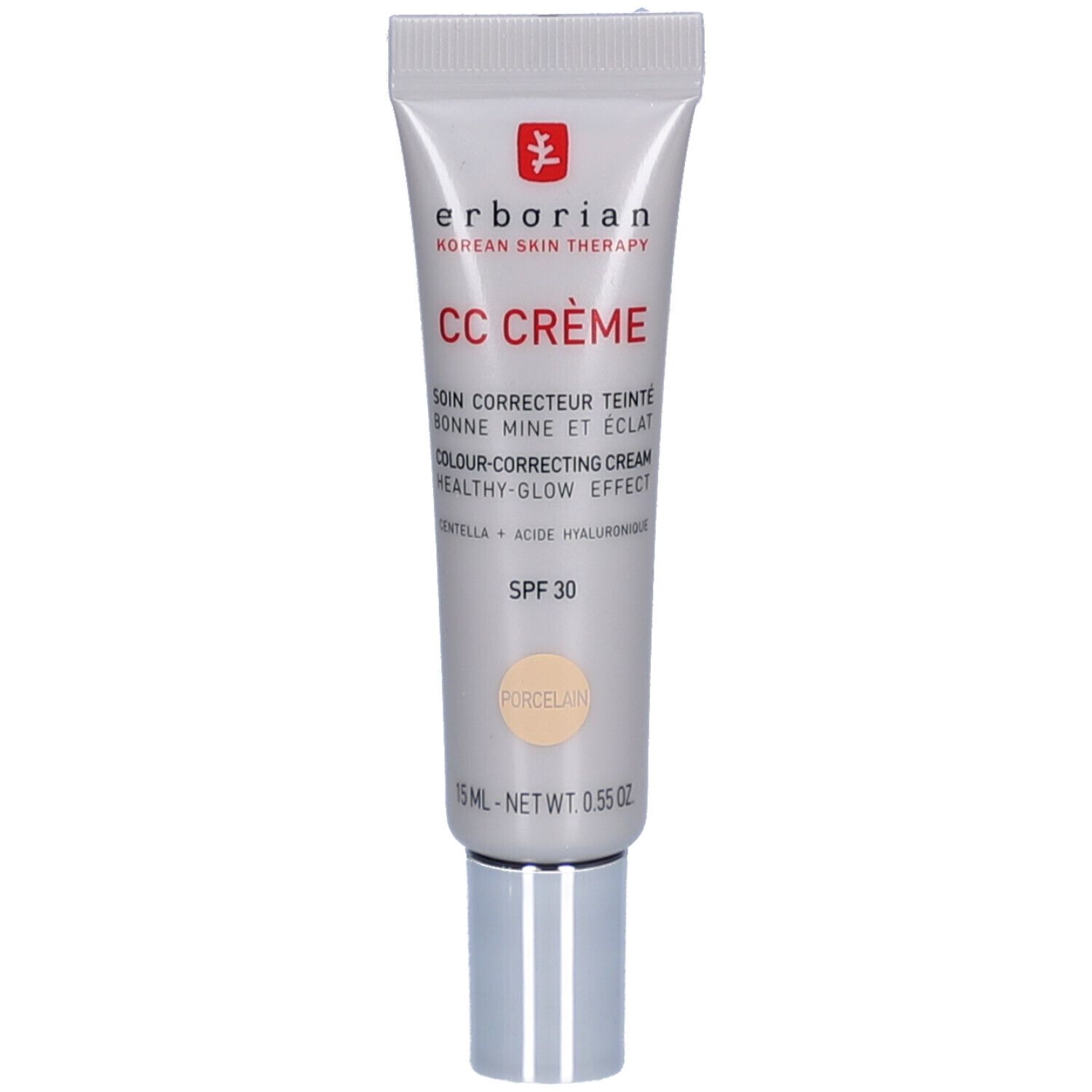 Tube Erborian CC Crème Porcelain SPF 30 avec bouchon argenté.