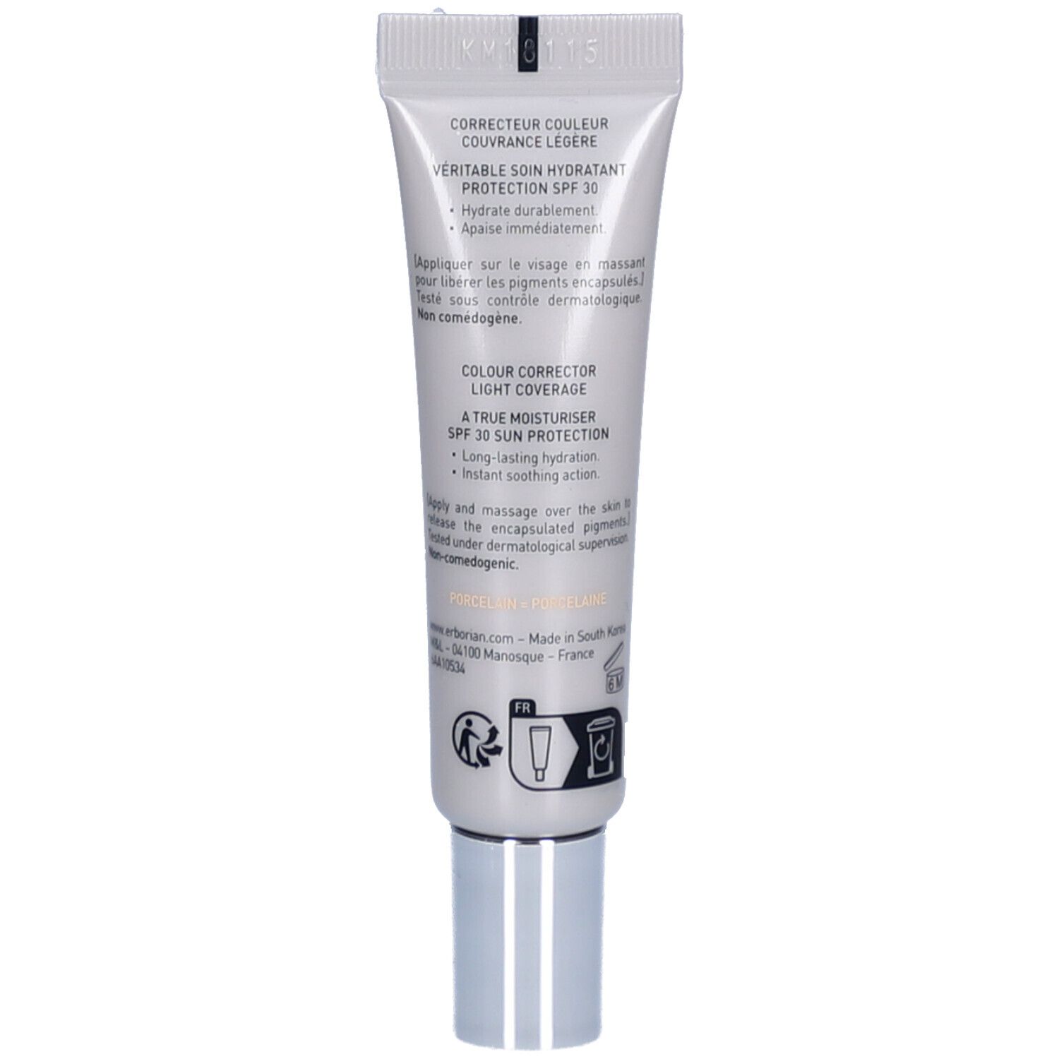 Arrière du tube Erborian CC Crème Porcelain SPF 30 avec instructions d'utilisation.