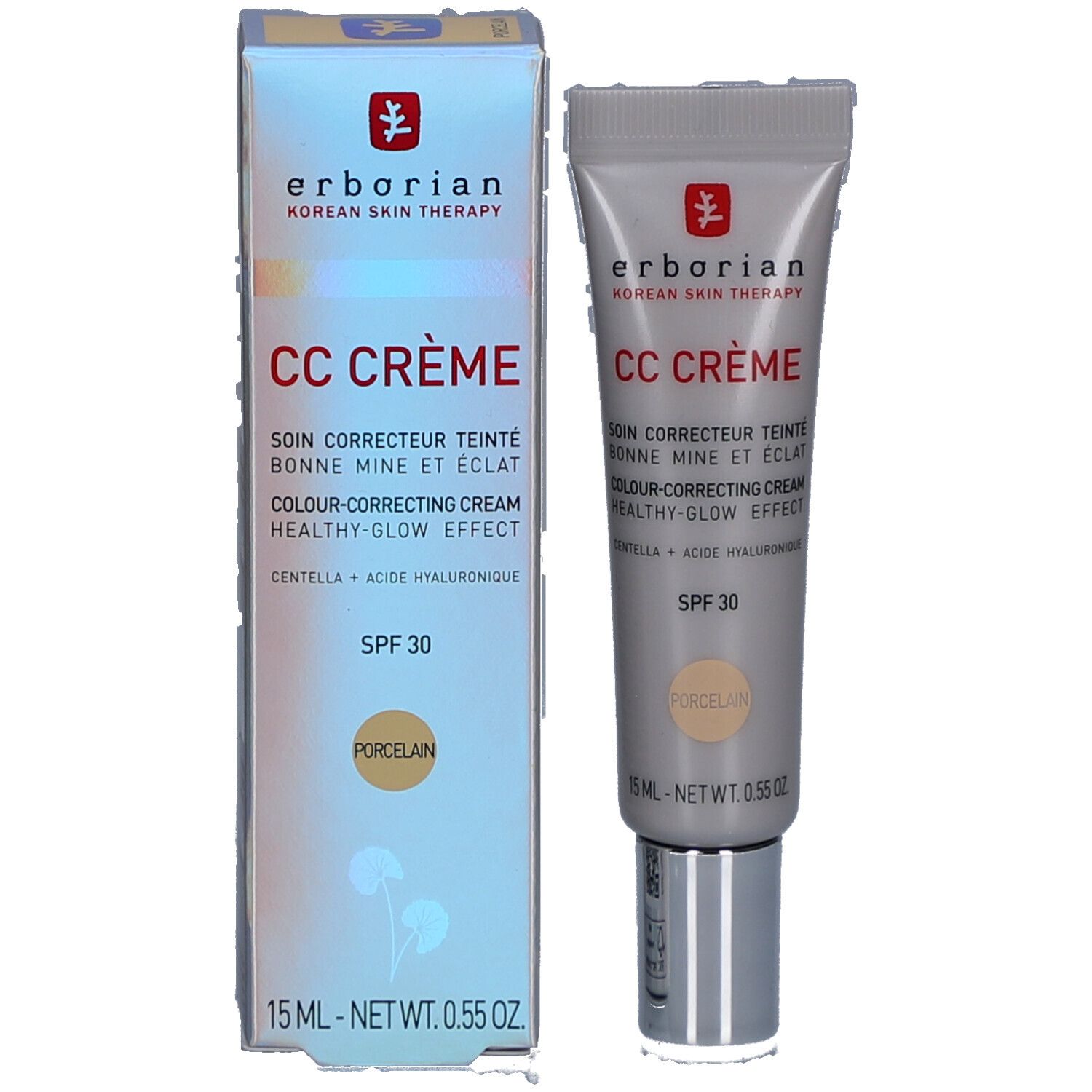 Tube et boîte Erborian CC Crème Porcelain SPF 30.