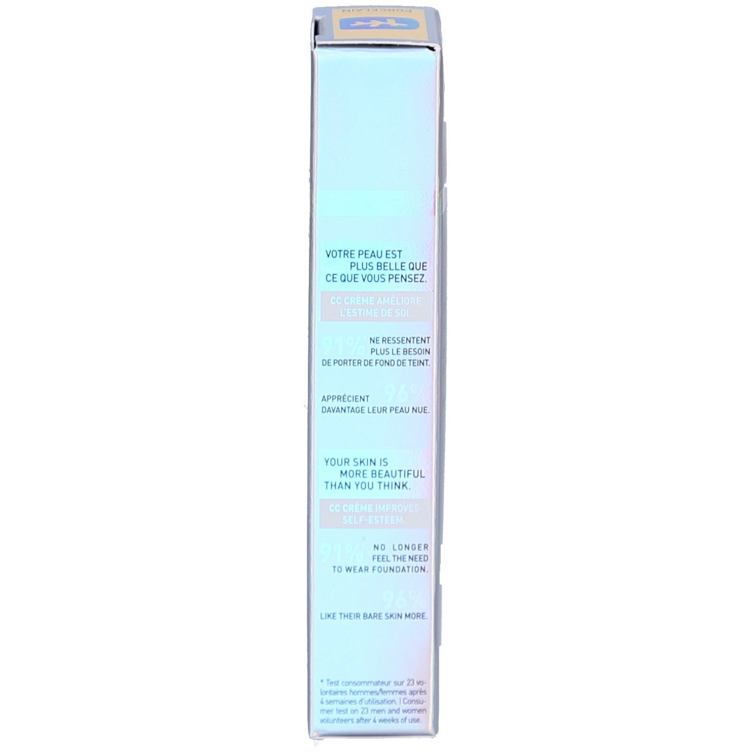 Côté de la boîte Erborian CC Crème Porcelain SPF 30 avec texte.