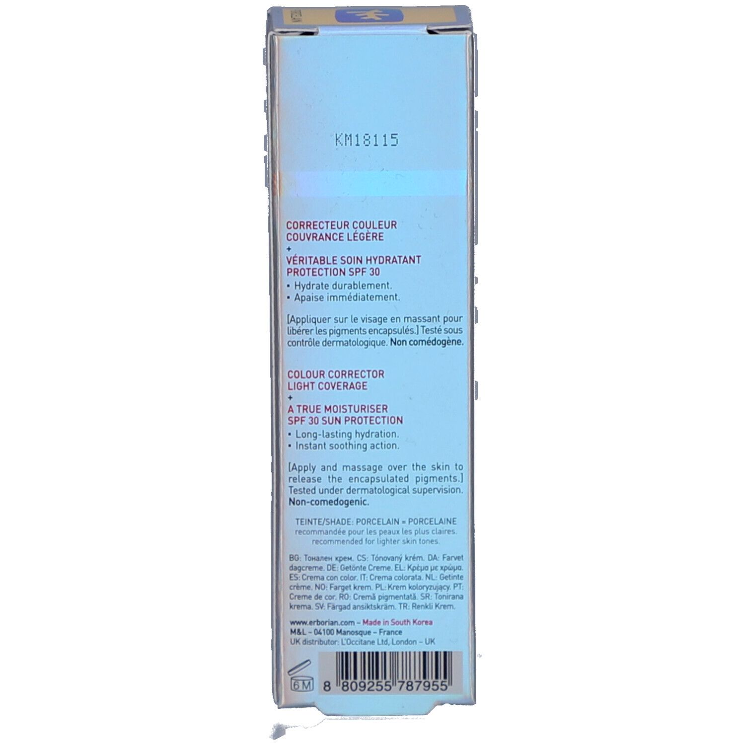 Côté de la boîte Erborian CC Crème Porcelain SPF 30 avec informations produit.