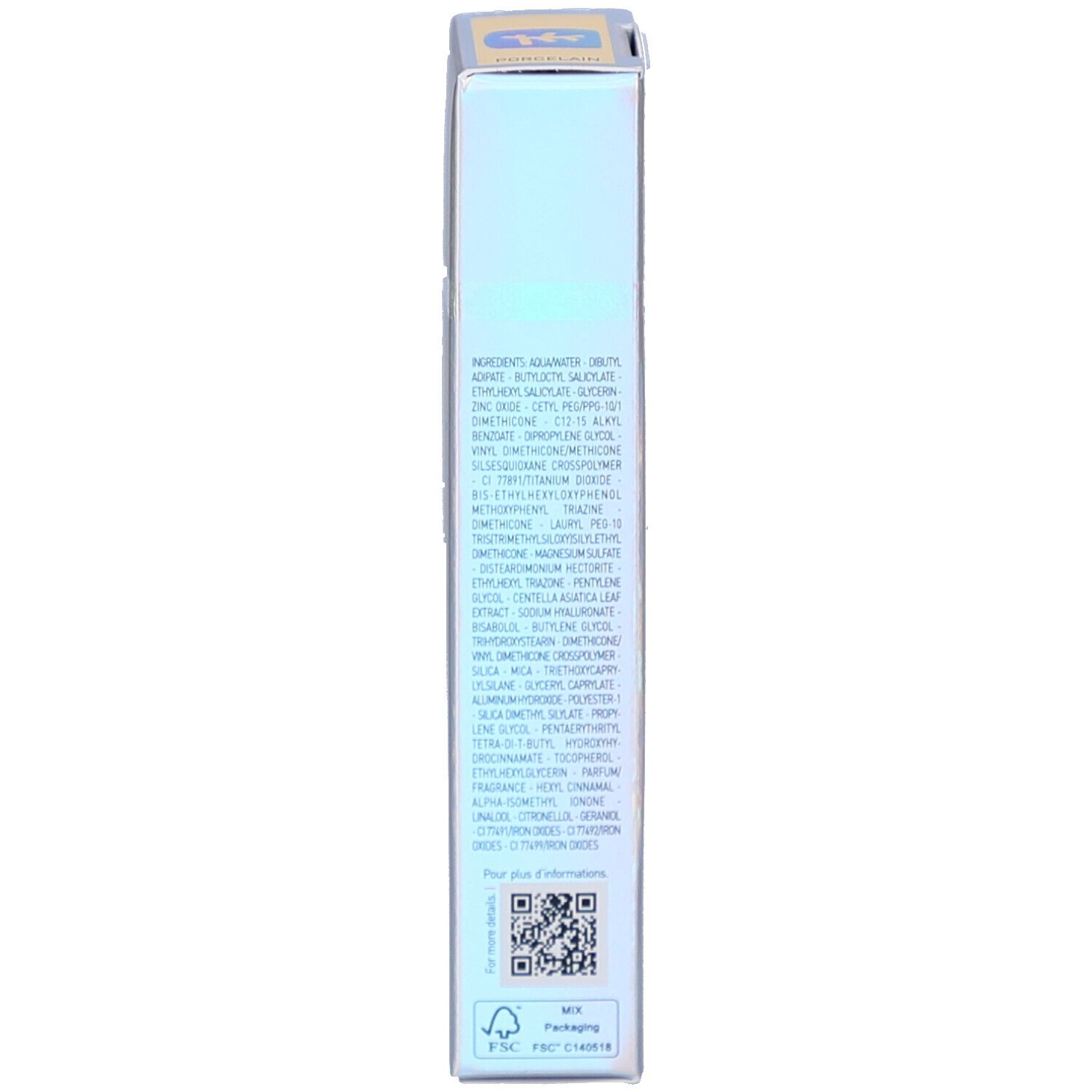 Côté de la boîte Erborian CC Crème Porcelain SPF 30 avec ingrédients.