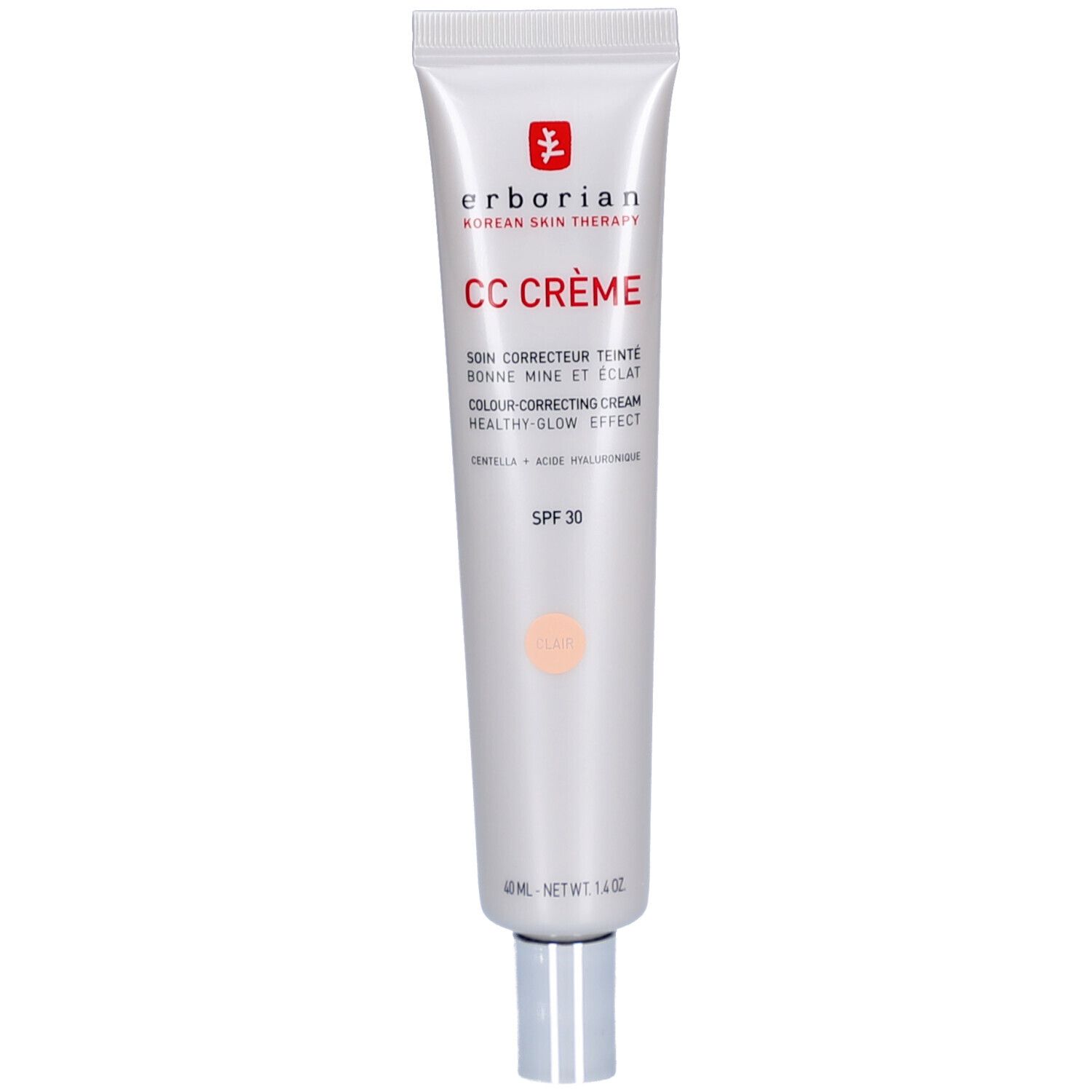 Tube Erborian CC Crème Clair SPF 30 avec bouchon argenté.