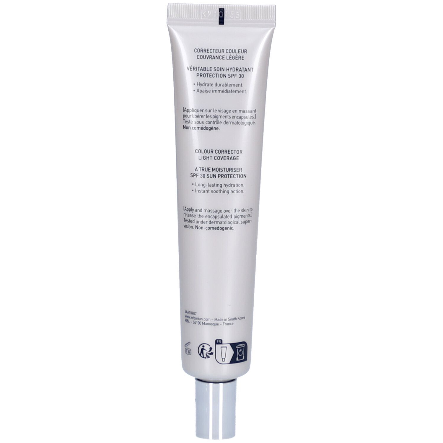 Dos du tube Erborian CC Crème Clair SPF 30 avec instructions d'utilisation.
