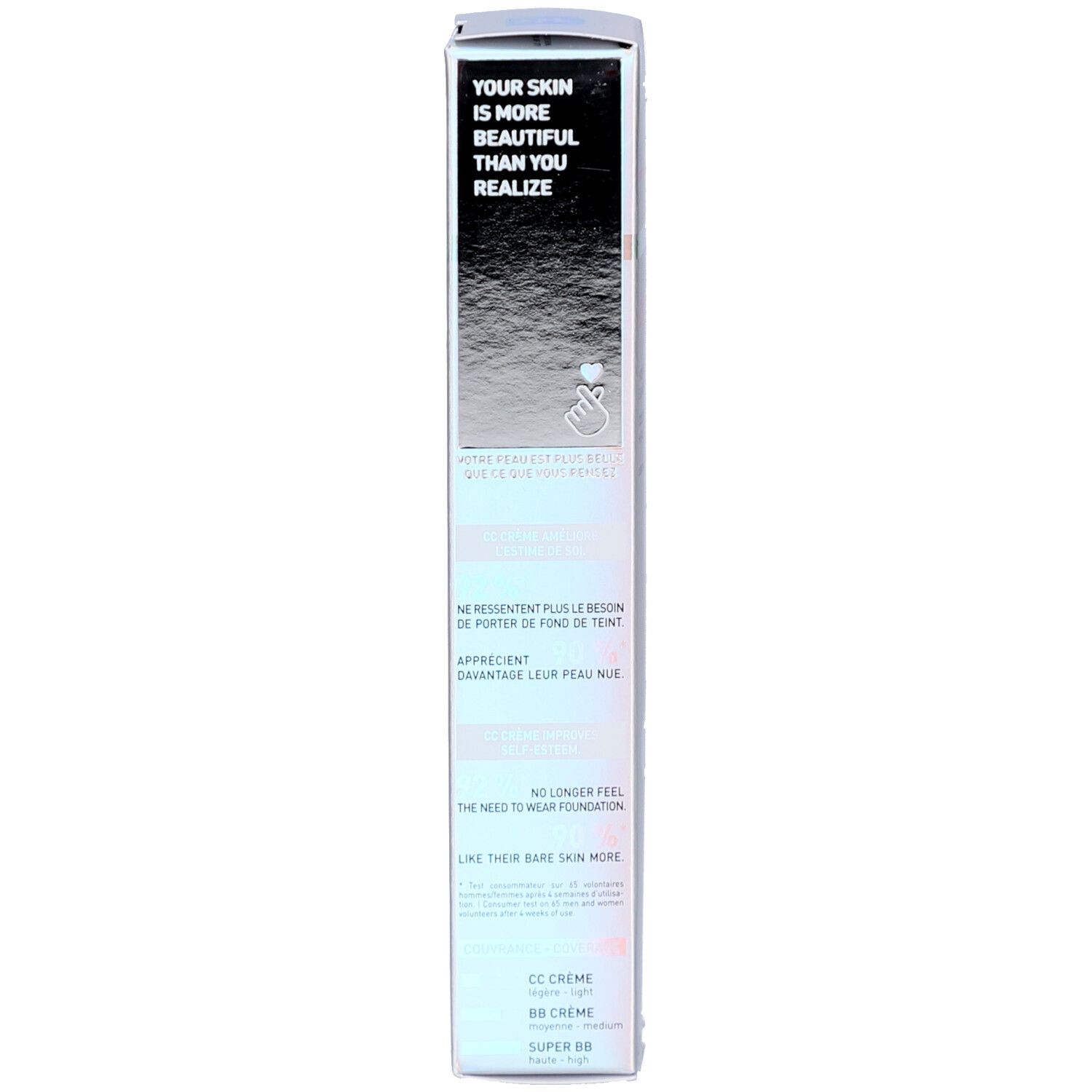 Côté de la boîte Erborian CC Crème Clair SPF 30 avec texte.