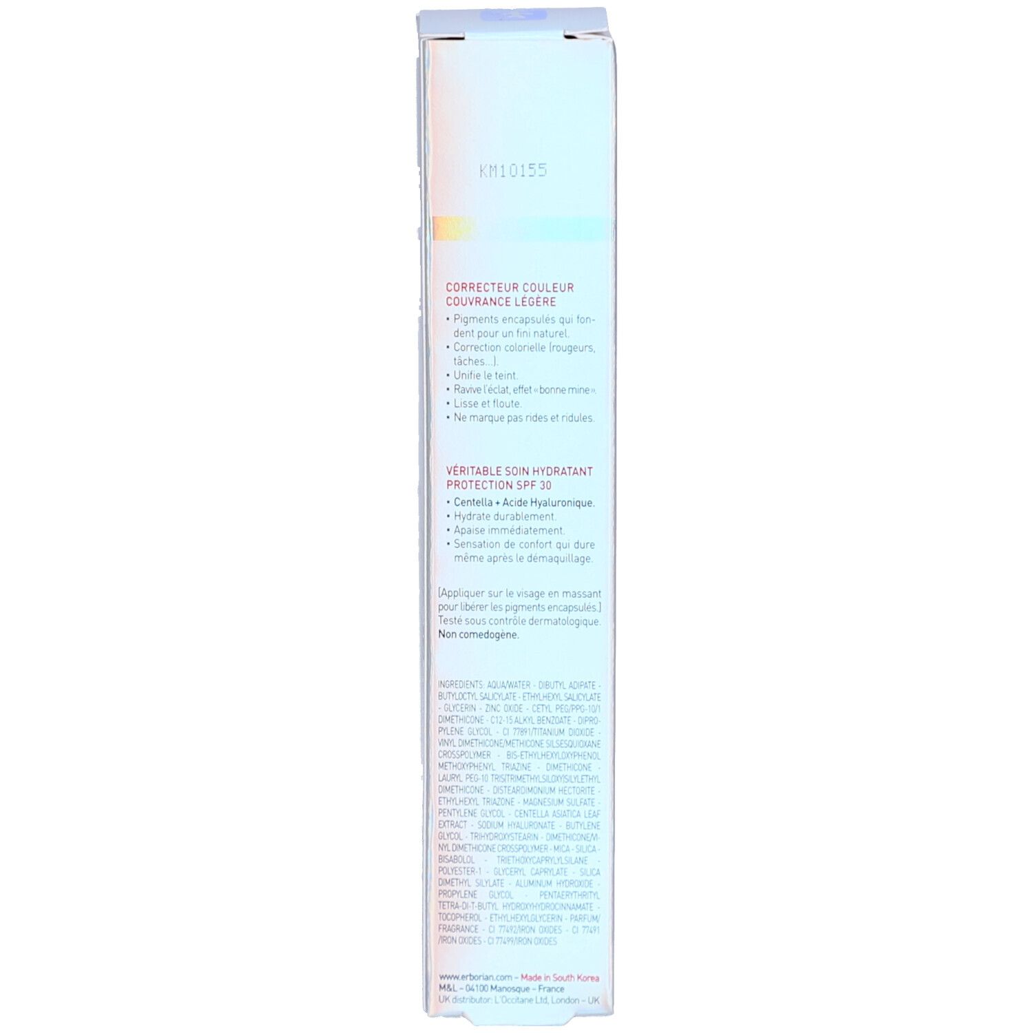 Vue latérale de la boîte Erborian CC Crème Clair SPF 30 avec ingrédients.