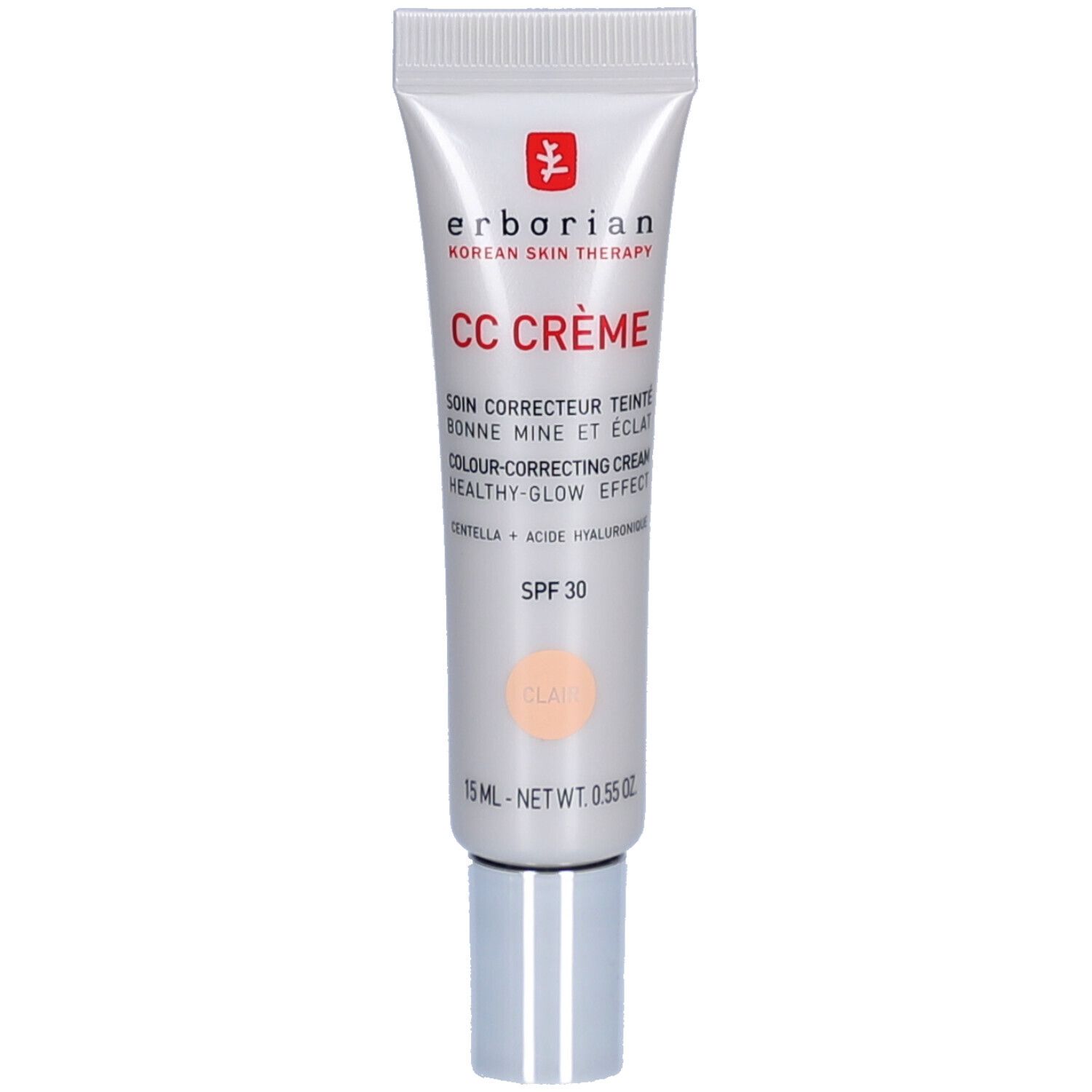 Tube argenté avec bouchon blanc. Inscription: CC CRÈME, SPF 30, Clair. Image du produit.