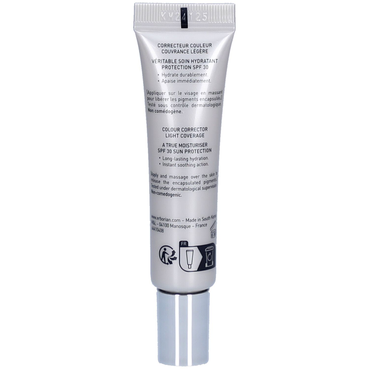 Dos d'un tube argenté. Texte: CORRECTEUR COULEUR, COUVRANCE LÉGÈRE, PROTECTION SPF 30.