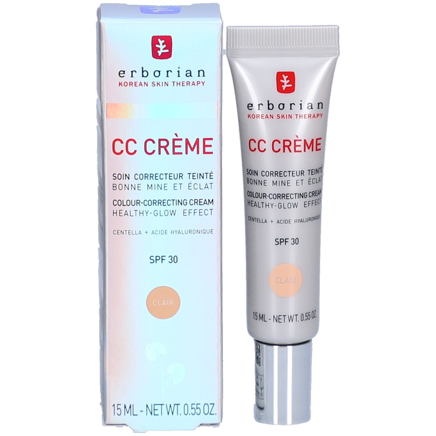 Emballage et tube. Inscription: CC CRÈME, SPF 30, Clair. Emballage: blanc avec accents roses.