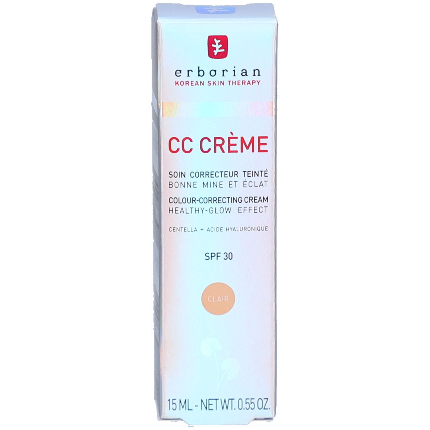 Emballage du produit. Inscription: CC CRÈME, SPF 30, Clair. Emballage: blanc avec accents roses.