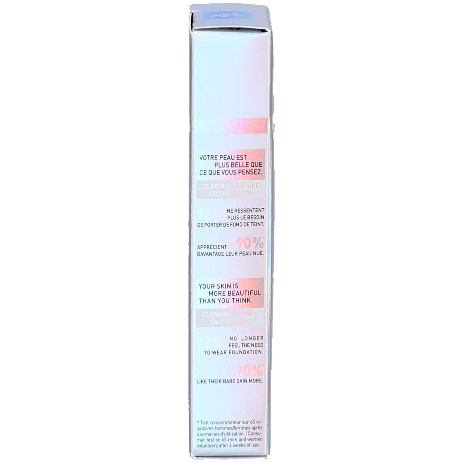 Côté de l'emballage du produit. Texte: Votre peau est plus belle que ce que vous pensez.