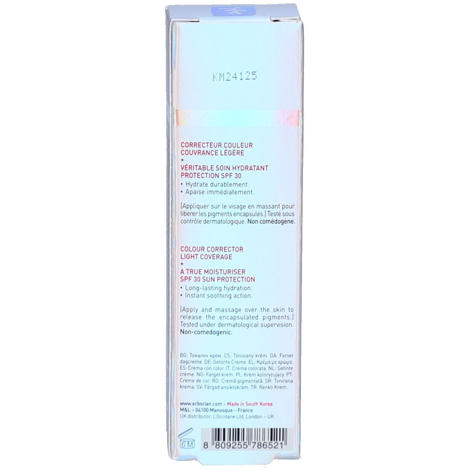 Dos de l'emballage du produit. Texte: CORRECTEUR COULEUR, COUVRANCE LÉGÈRE, PROTECTION SPF 30.