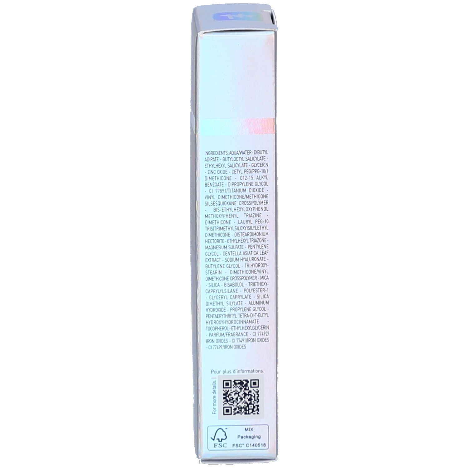 Côté de l'emballage du produit. Liste des ingrédients et code QR.