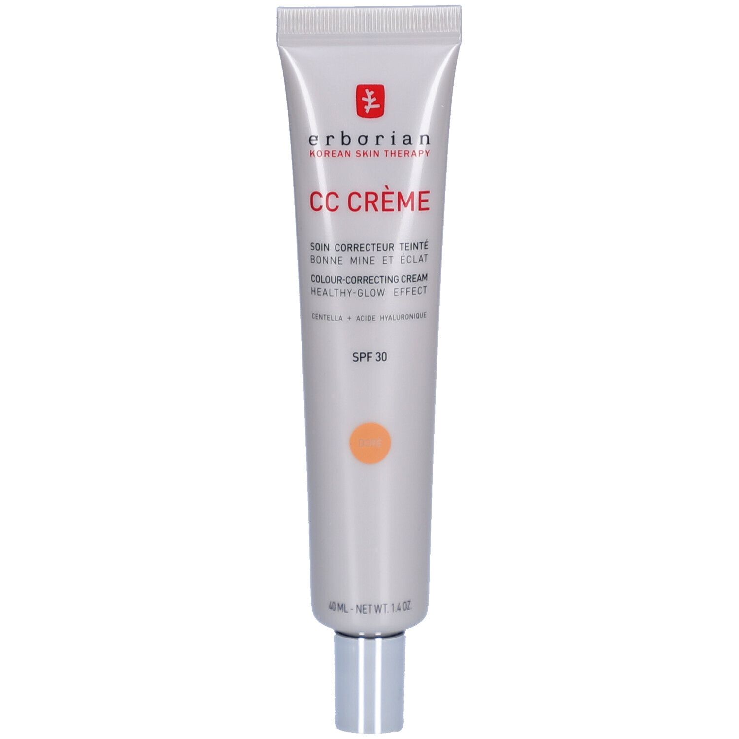 Tube Erborian CC Crème Doré SPF 30. Tube blanc avec informations produit. Teinte Doré. Bouchon argenté.