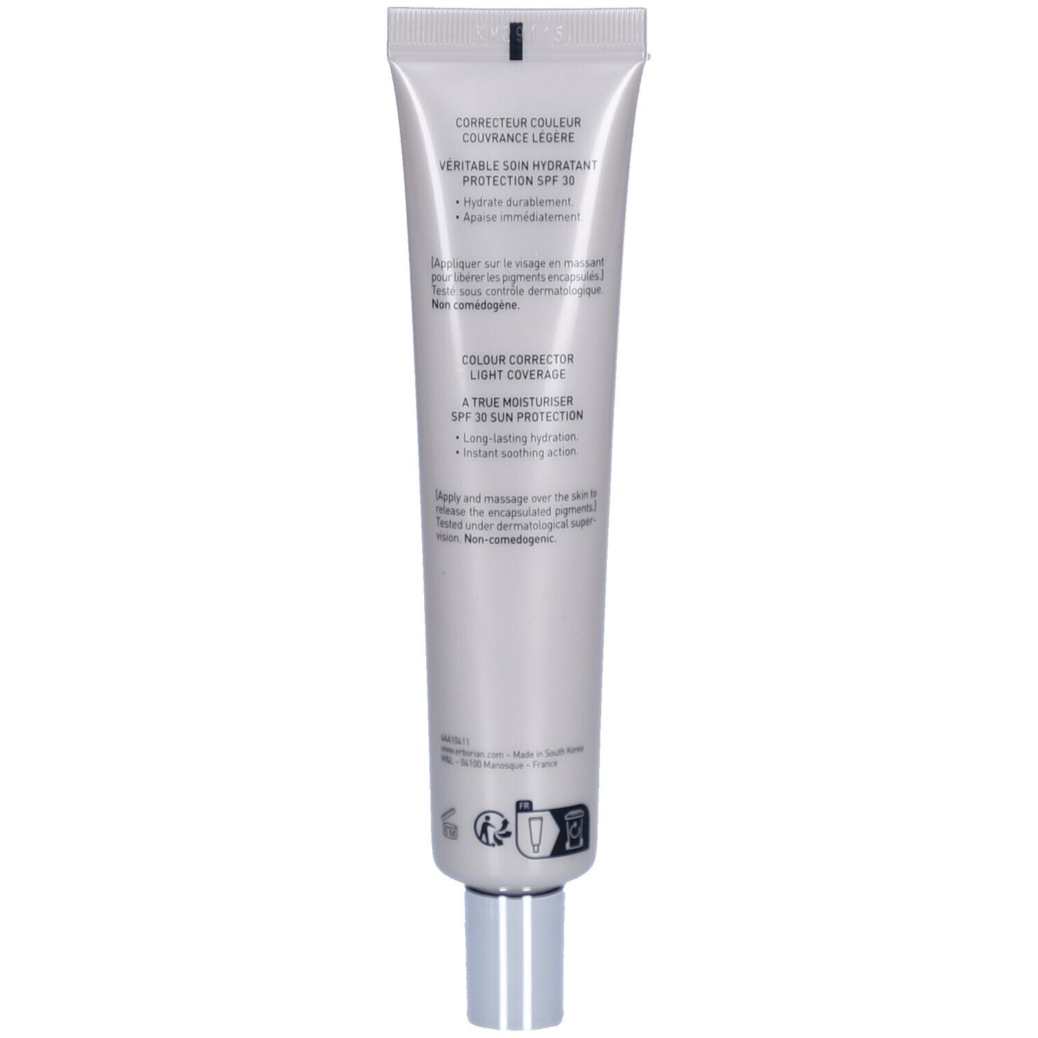Dos du tube Erborian CC Crème Doré SPF 30. Informations produit et ingrédients. Bouchon argenté.
