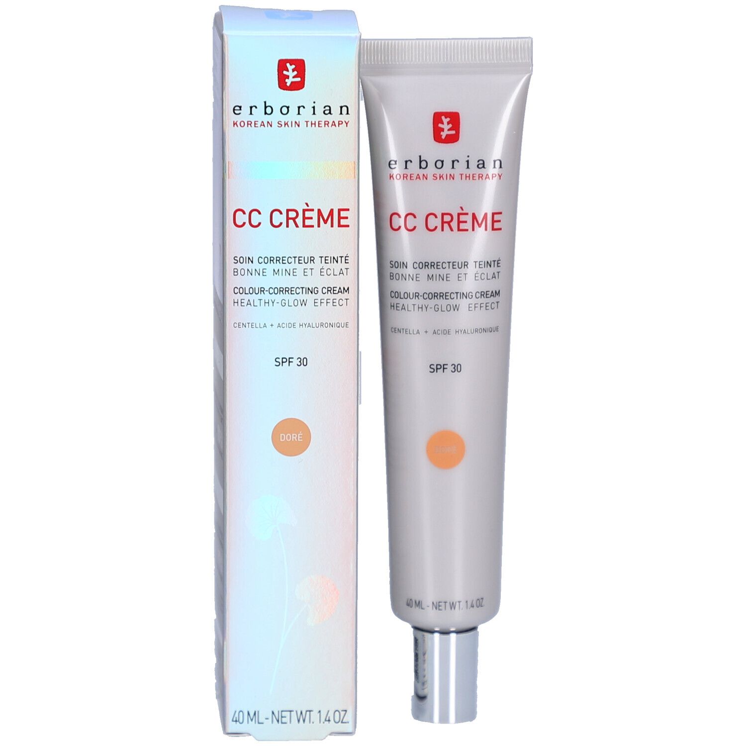Tube et emballage Erborian CC Crème Doré SPF 30. Produit et boîte côte à côte. Teinte Doré.