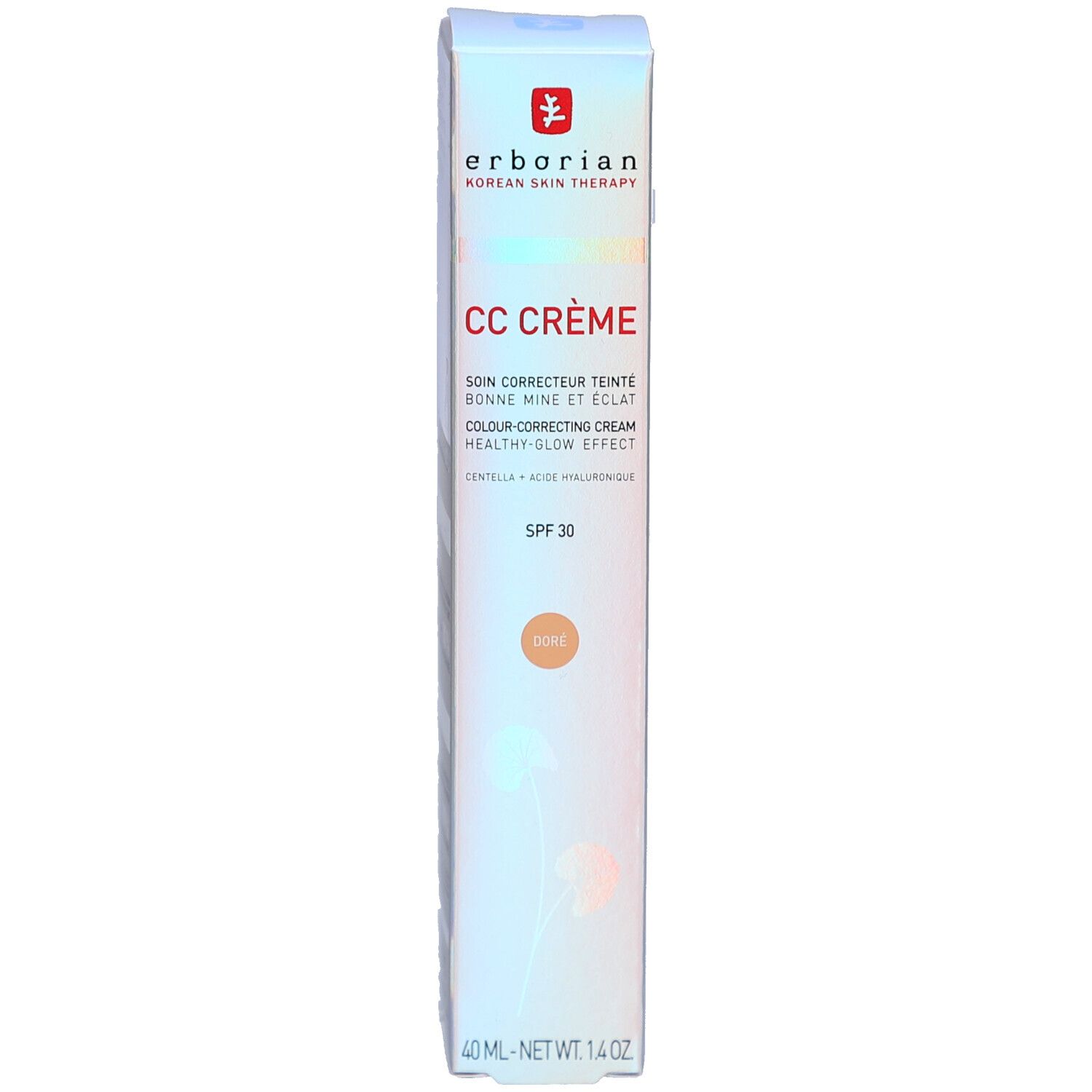 Emballage Erborian CC Crème Doré SPF 30. Boîte blanche avec informations produit. Teinte Doré.