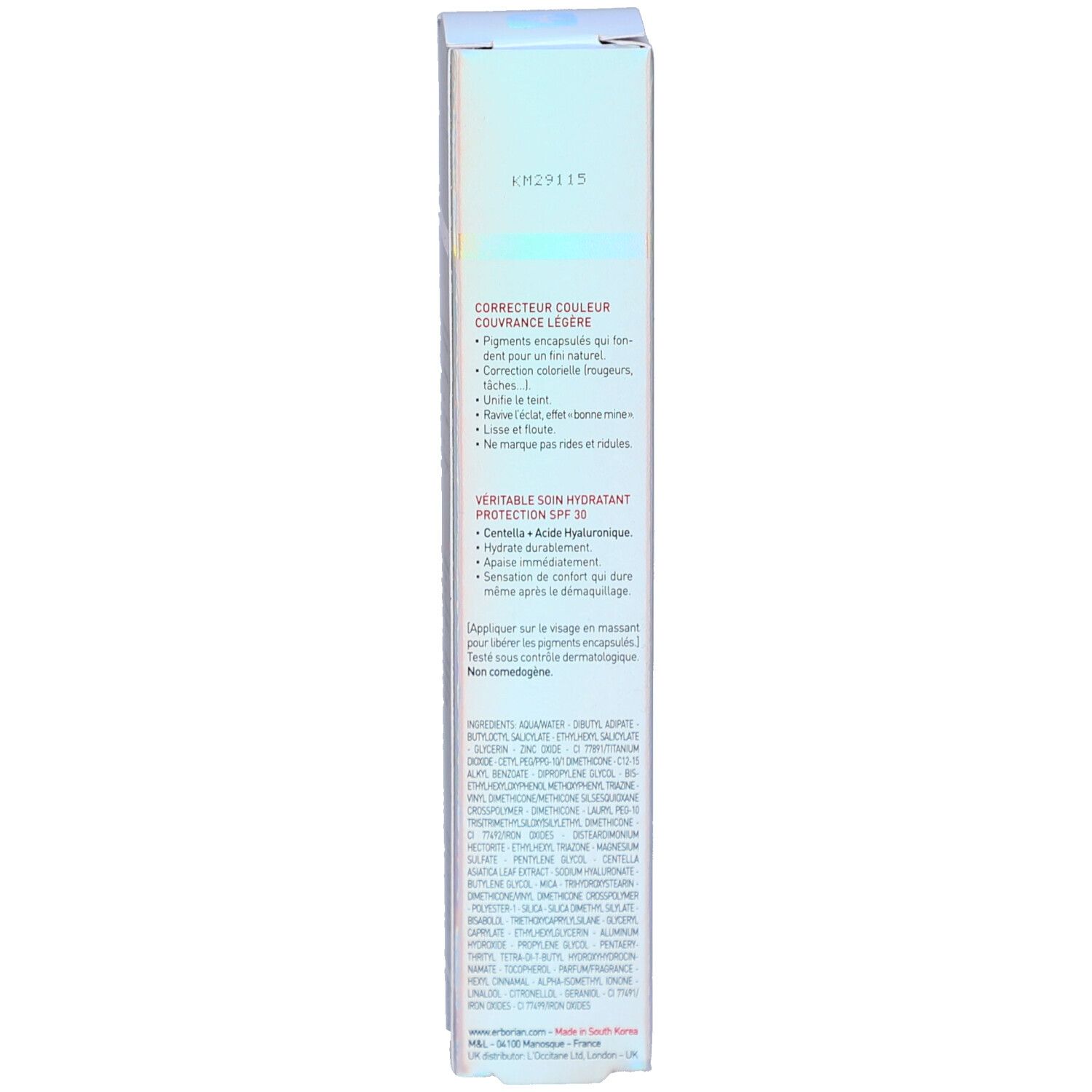 Côté de l'emballage Erborian CC Crème. Informations produit, ingrédients et instructions d'utilisation.