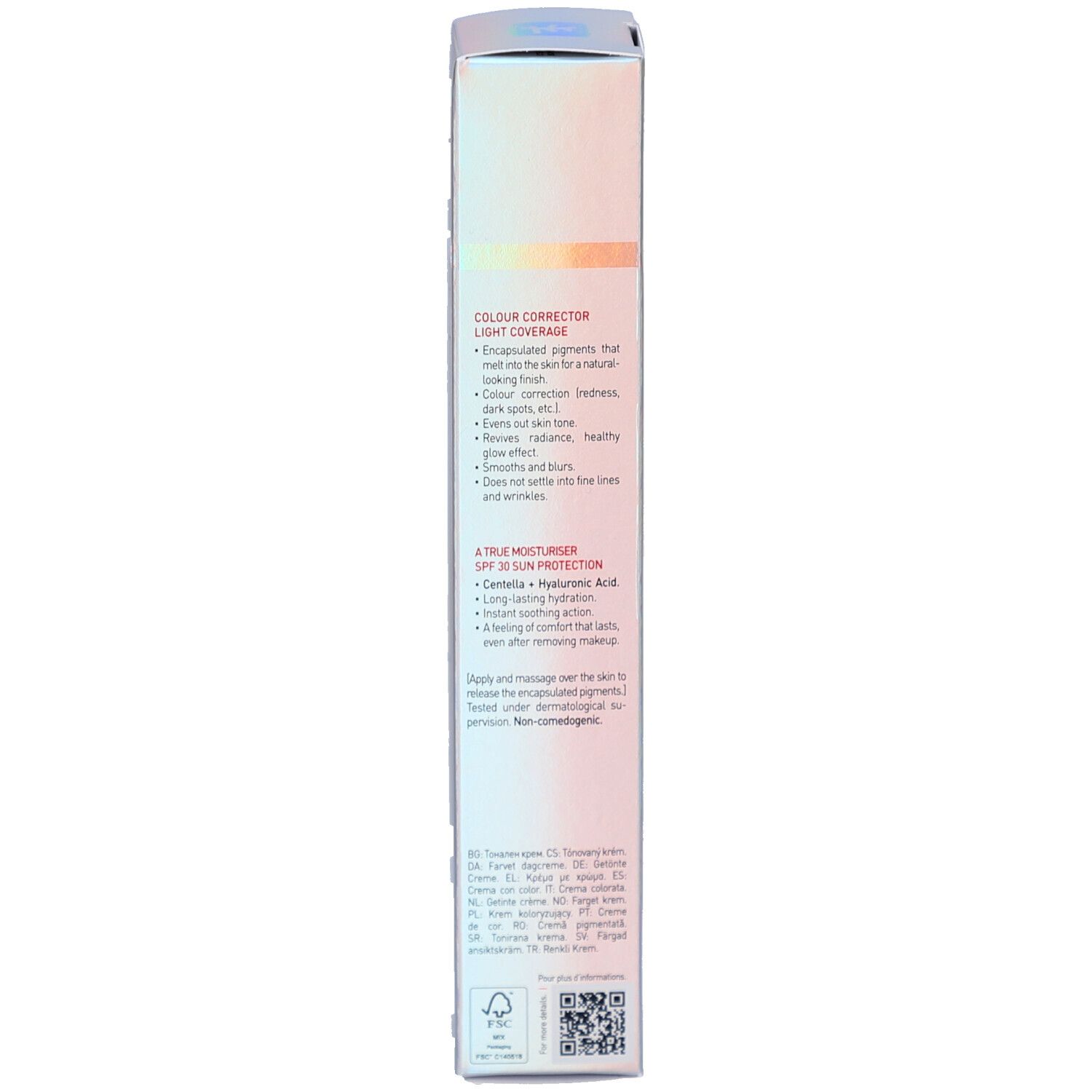 Côté de l'emballage Erborian CC Crème. Informations produit, ingrédients et instructions d'utilisation.