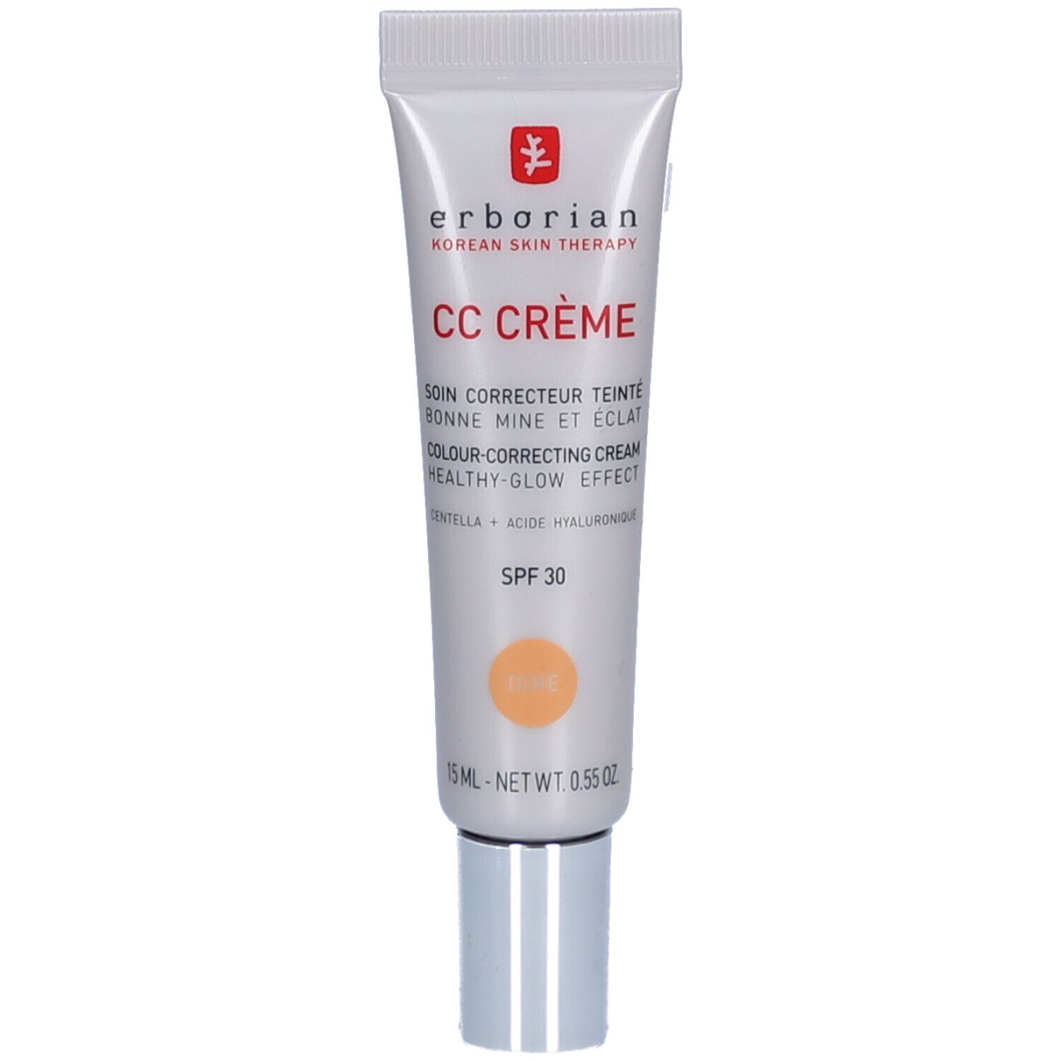 Tube de crème avec nom du produit et SPF 30. Teinte Doré. Marque et logo visibles.