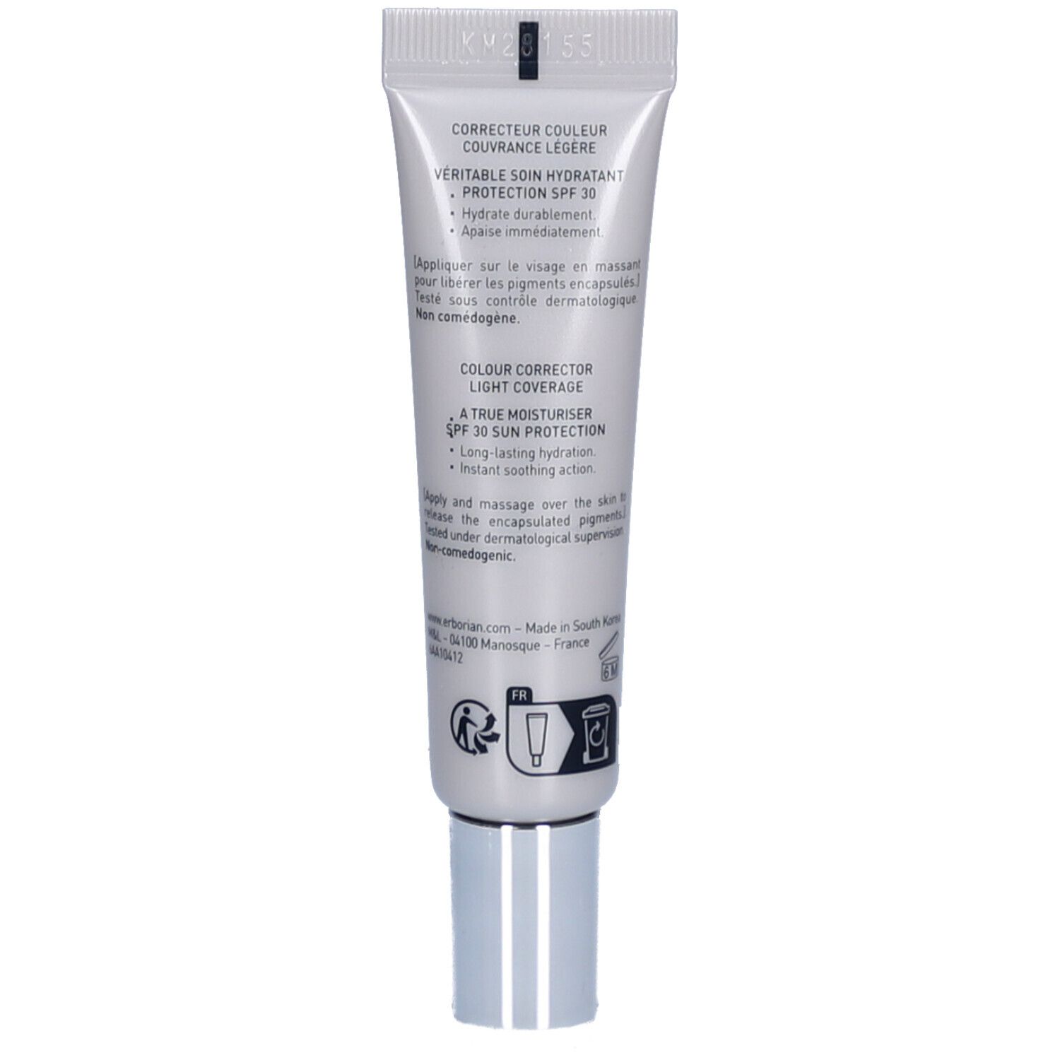 Dos du tube de crème. Texte avec informations sur le produit et SPF 30. Logo visible.