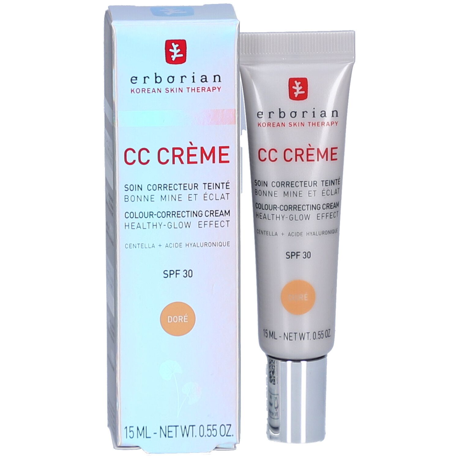 Emballage du produit et tube de crème. Nom du produit, SPF 30 et teinte Ocre visibles.