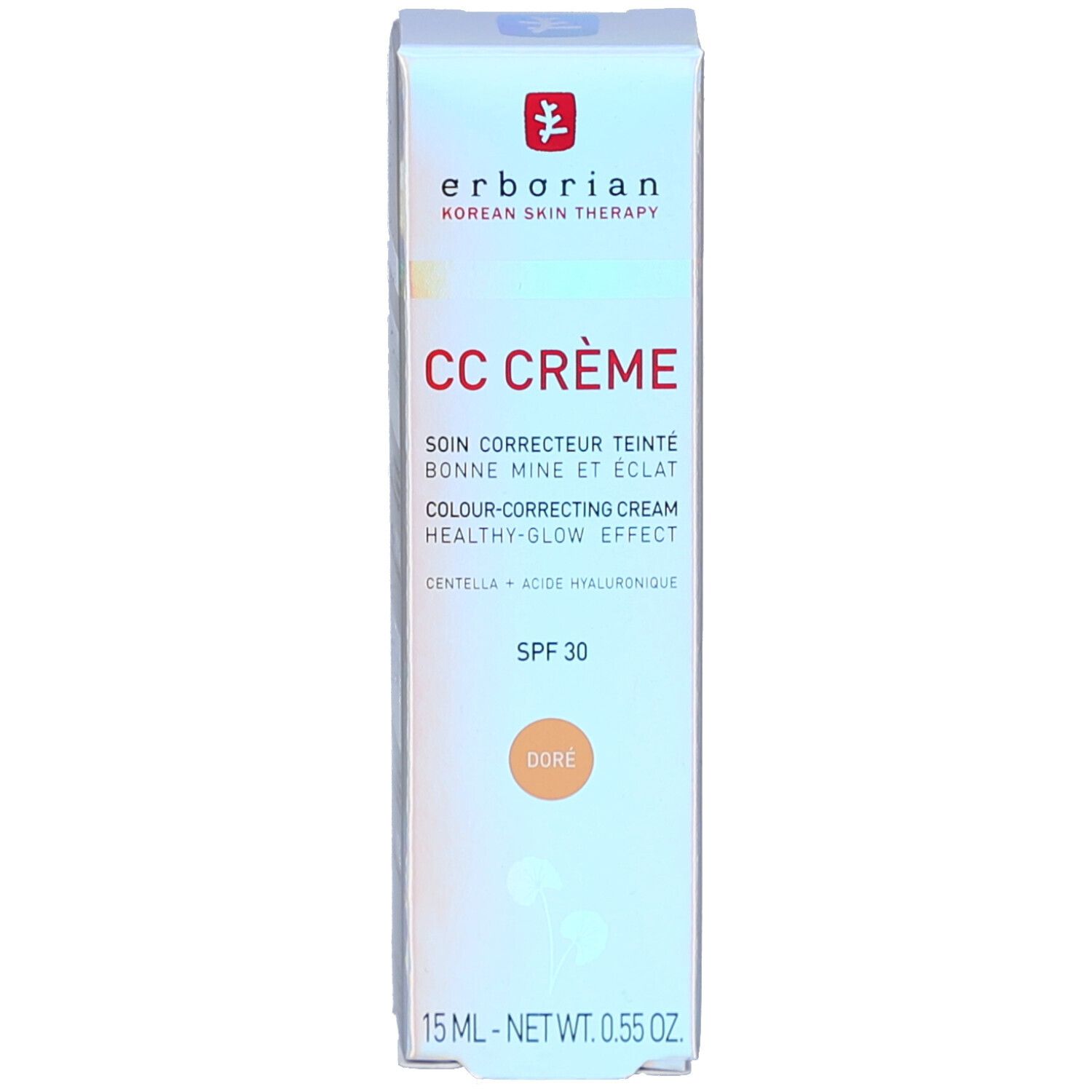 Emballage du produit avec nom du produit, SPF 30 et teinte Doré. Marque et logo visibles.