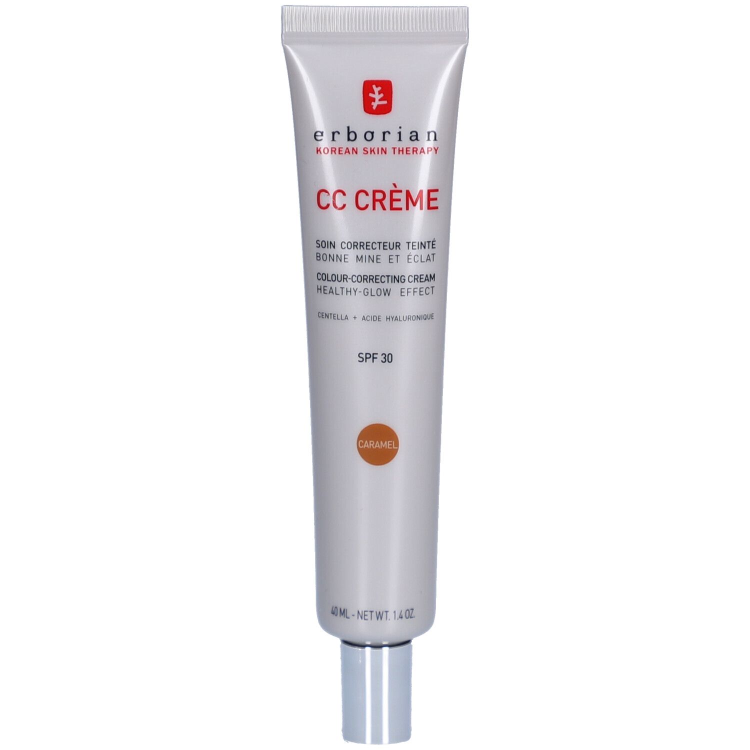 Tube Erborian CC Crème Caramel SPF 30 avec bouchon argenté.