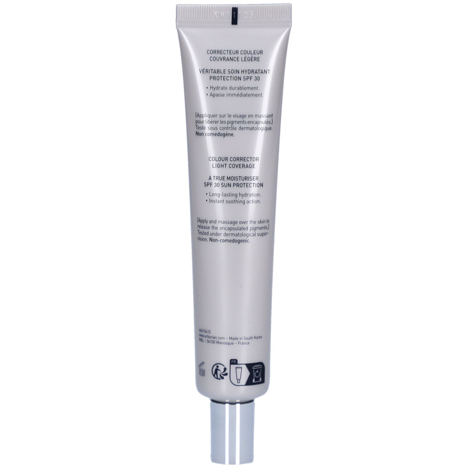 Arrière du tube Erborian CC Crème Caramel SPF 30 avec informations produit.
