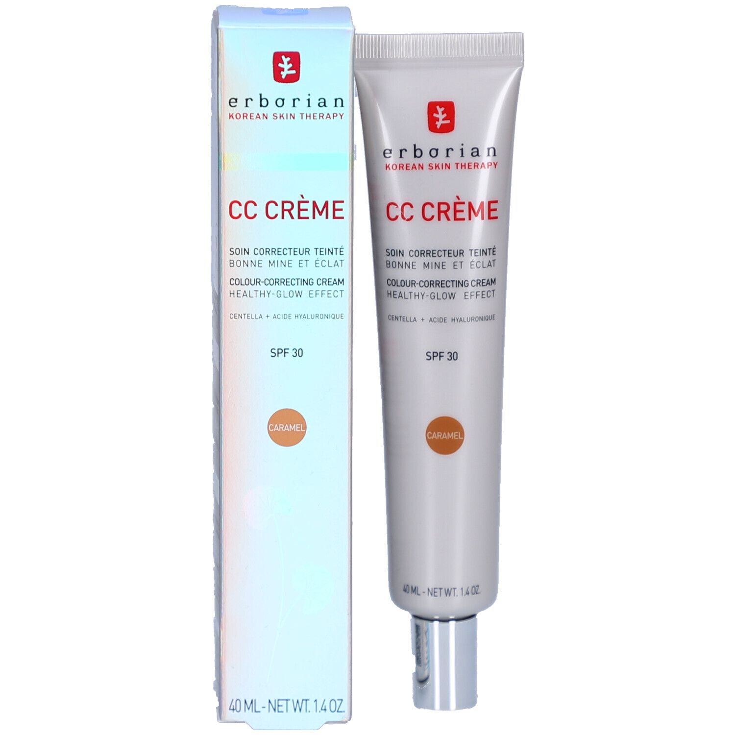 Tube et emballage Erborian CC Crème Caramel SPF 30.
