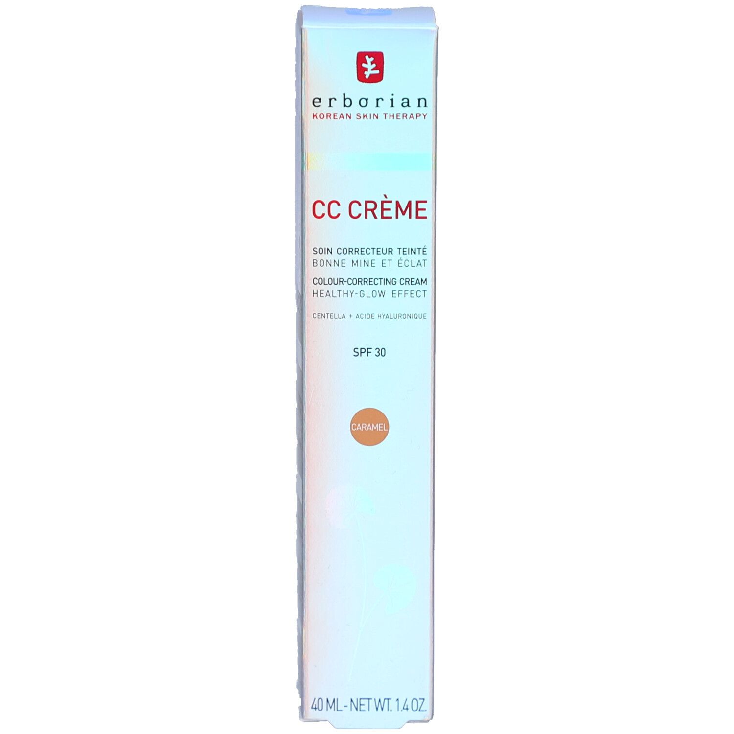 Côté de l'emballage Erborian CC Crème Caramel SPF 30 avec informations produit.