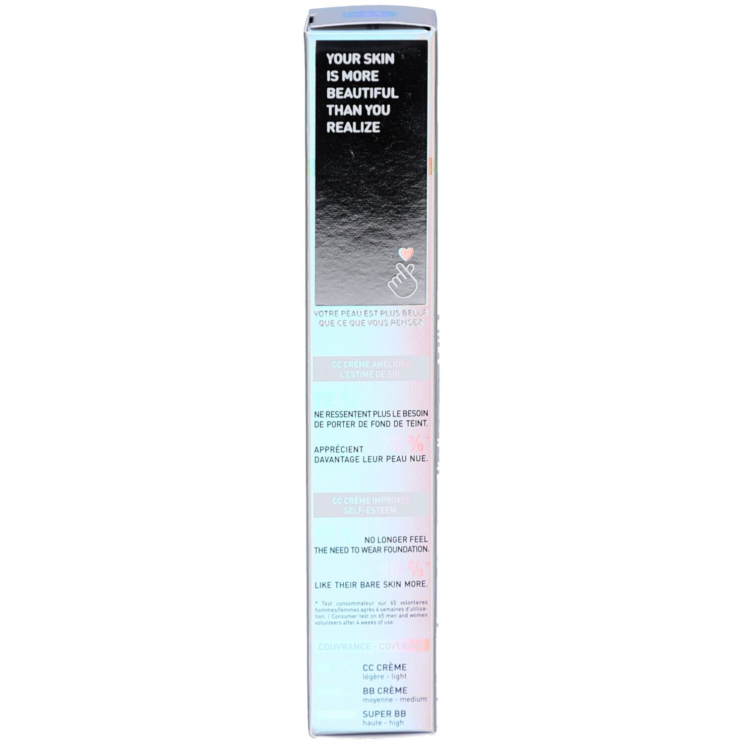 Côté de l'emballage Erborian CC Crème Caramel SPF 30 avec texte.