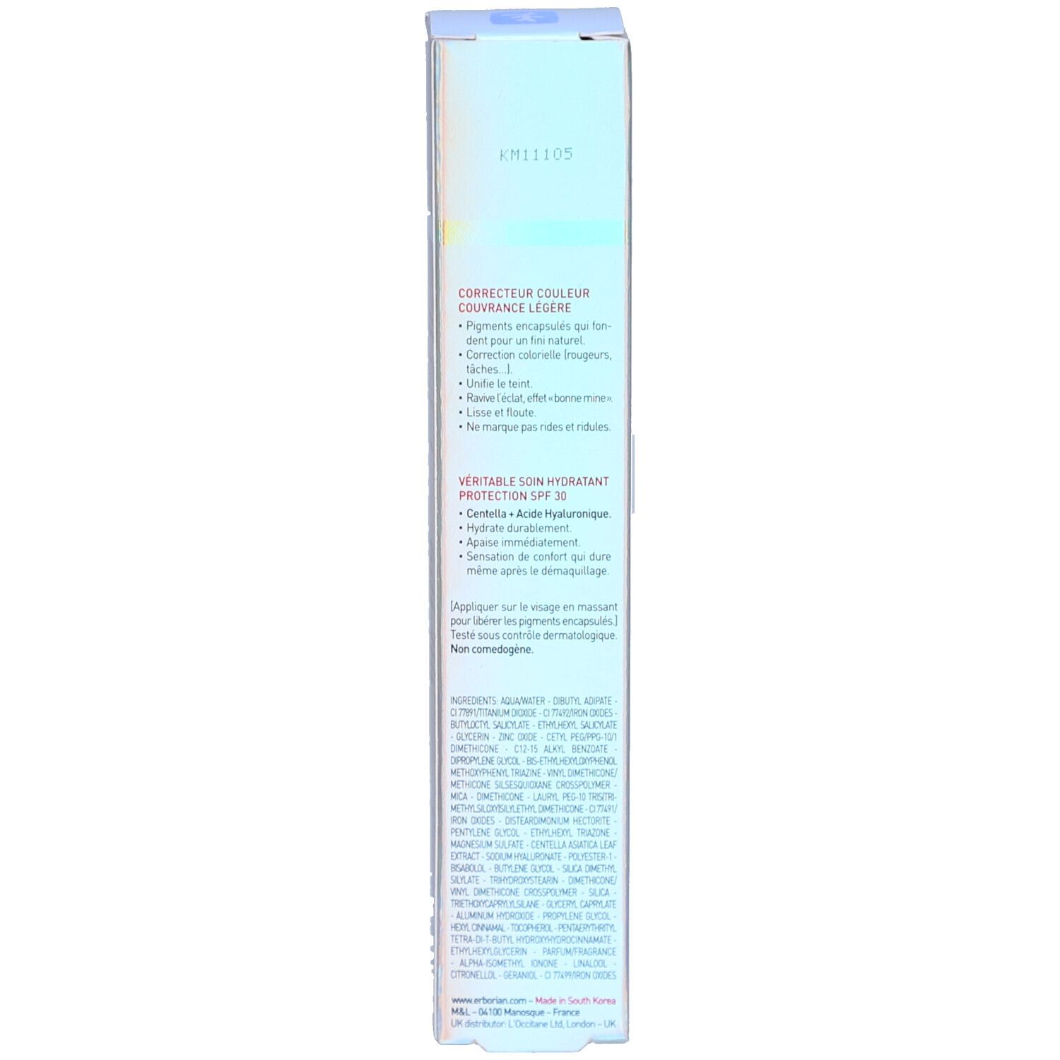 Côté de l'emballage Erborian CC Crème Caramel SPF 30 avec ingrédients.