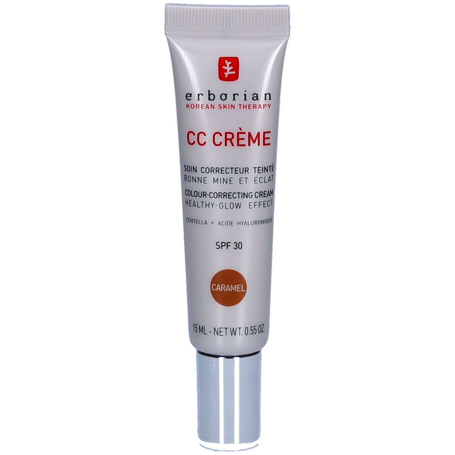 Tube de CC Crème Caramel LSF 30 Erborian. Tube blanc, bouchon argenté. Inscription: CC CRÈME, SPF 30, Caramel.