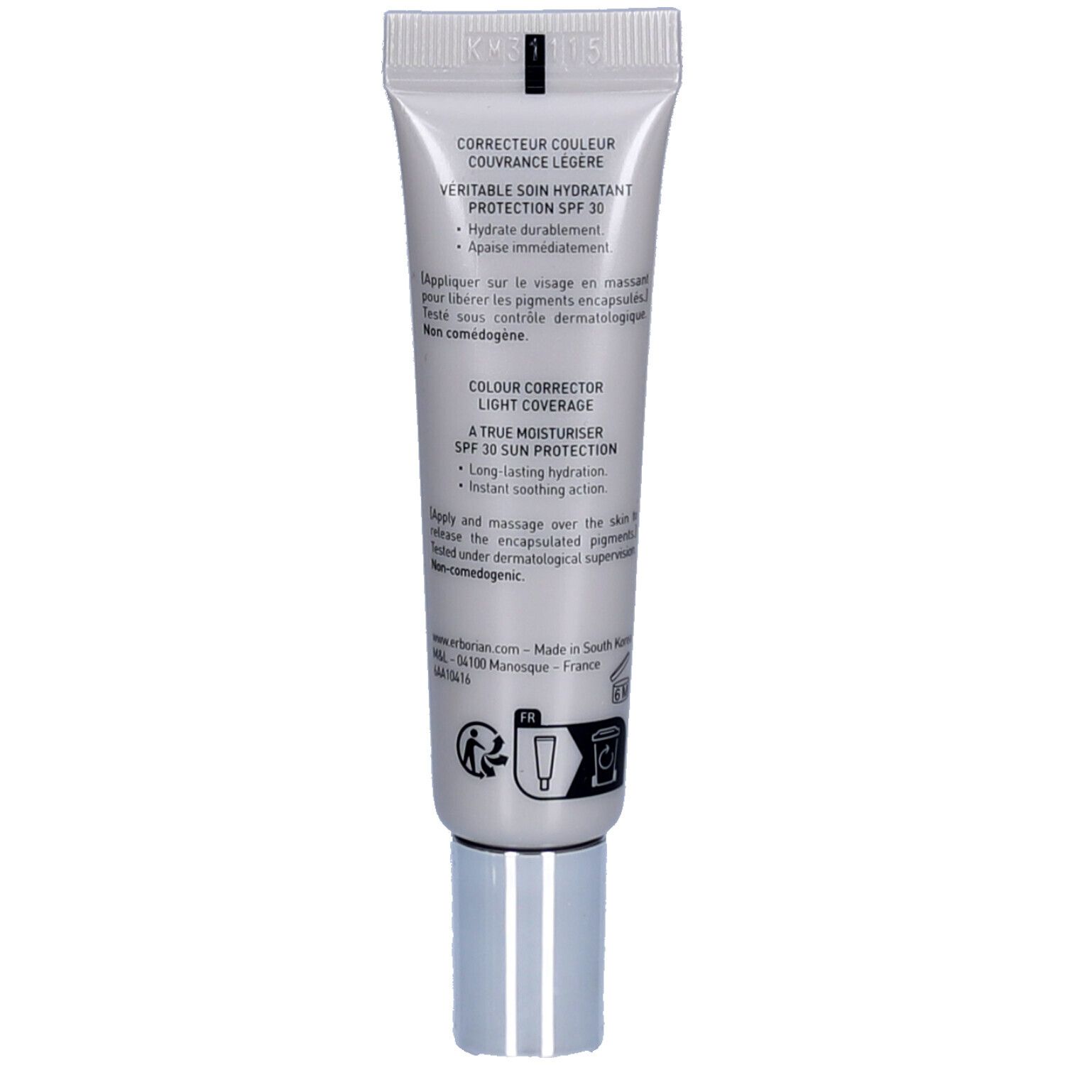 Dos du tube de CC Crème. Texte: Correcteur Couleur, Couvrance Légère, SPF 30, Light Coverage. Informations et symboles.