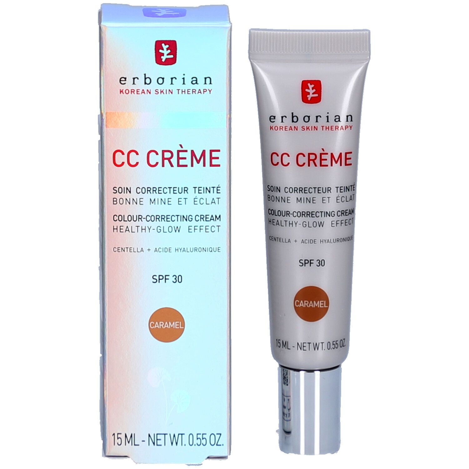 CC Crème Caramel LSF 30 et emballage. Marque: Erborian. Tube et boîte. Texte: CC CRÈME, SPF 30, Caramel.