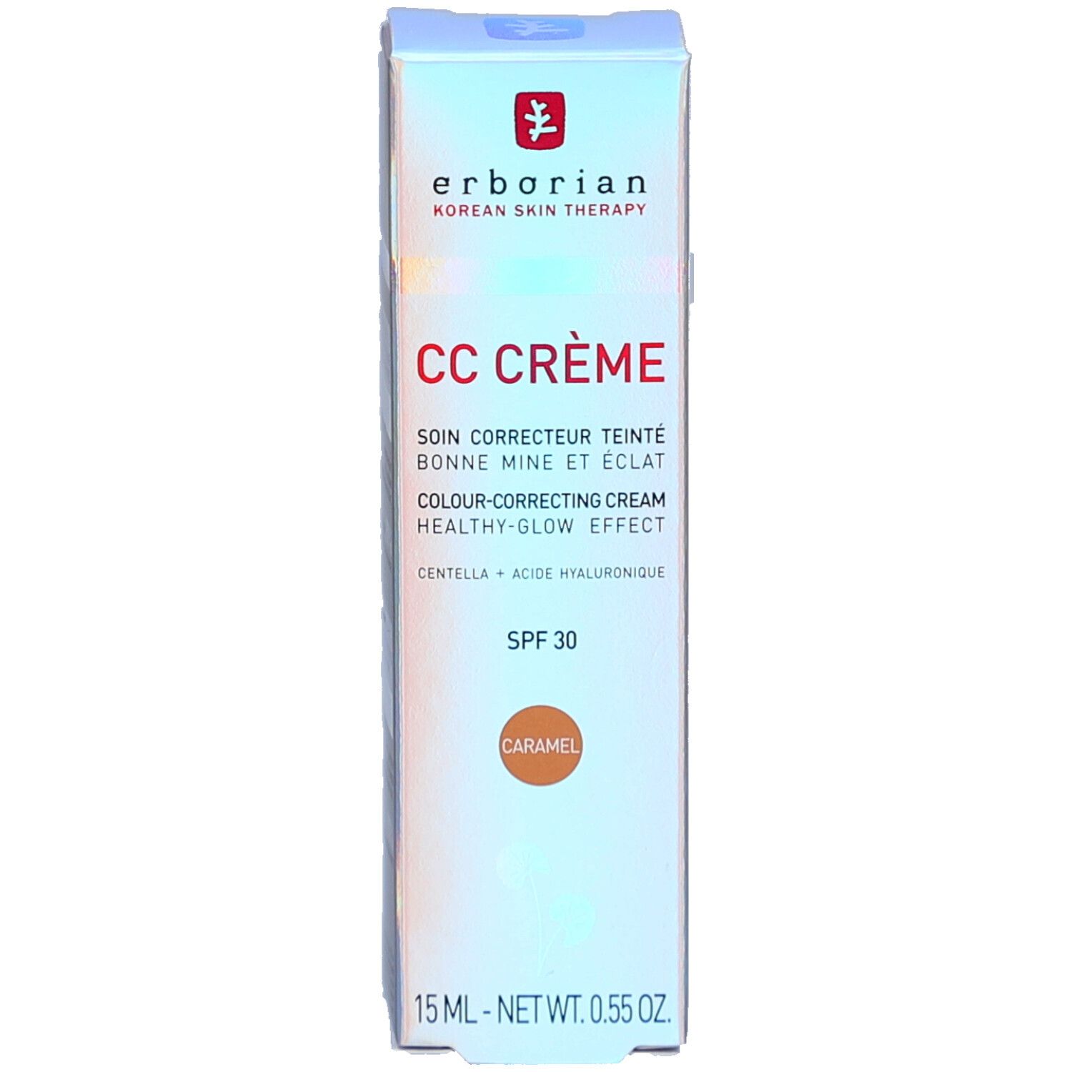 Emballage de CC Crème Caramel LSF 30. Marque: Erborian. Texte: CC CRÈME, SPF 30, Caramel. Fond blanc.