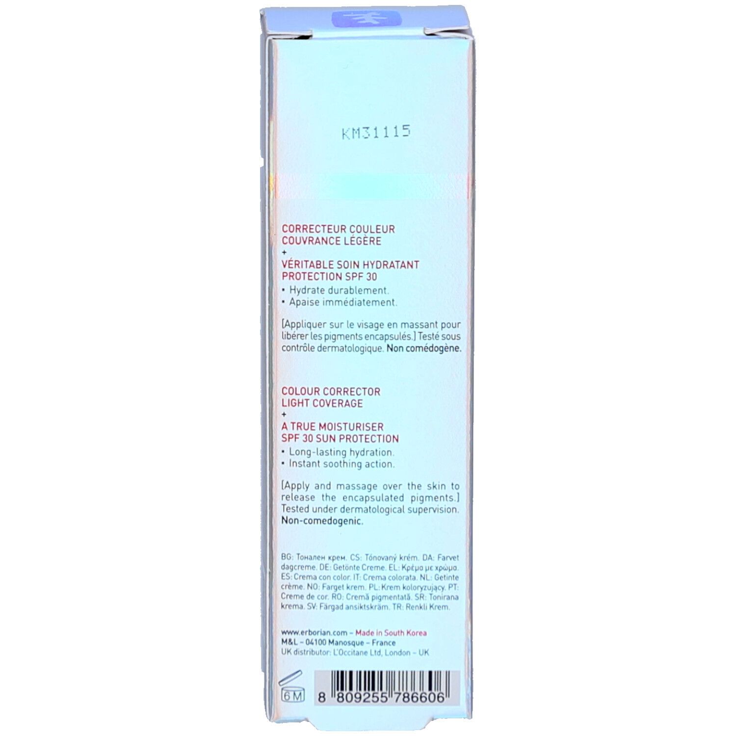Dos de l'emballage de la CC Crème. Texte: Correcteur Couleur, Couvrance Légère, SPF 30. Informations et symboles.