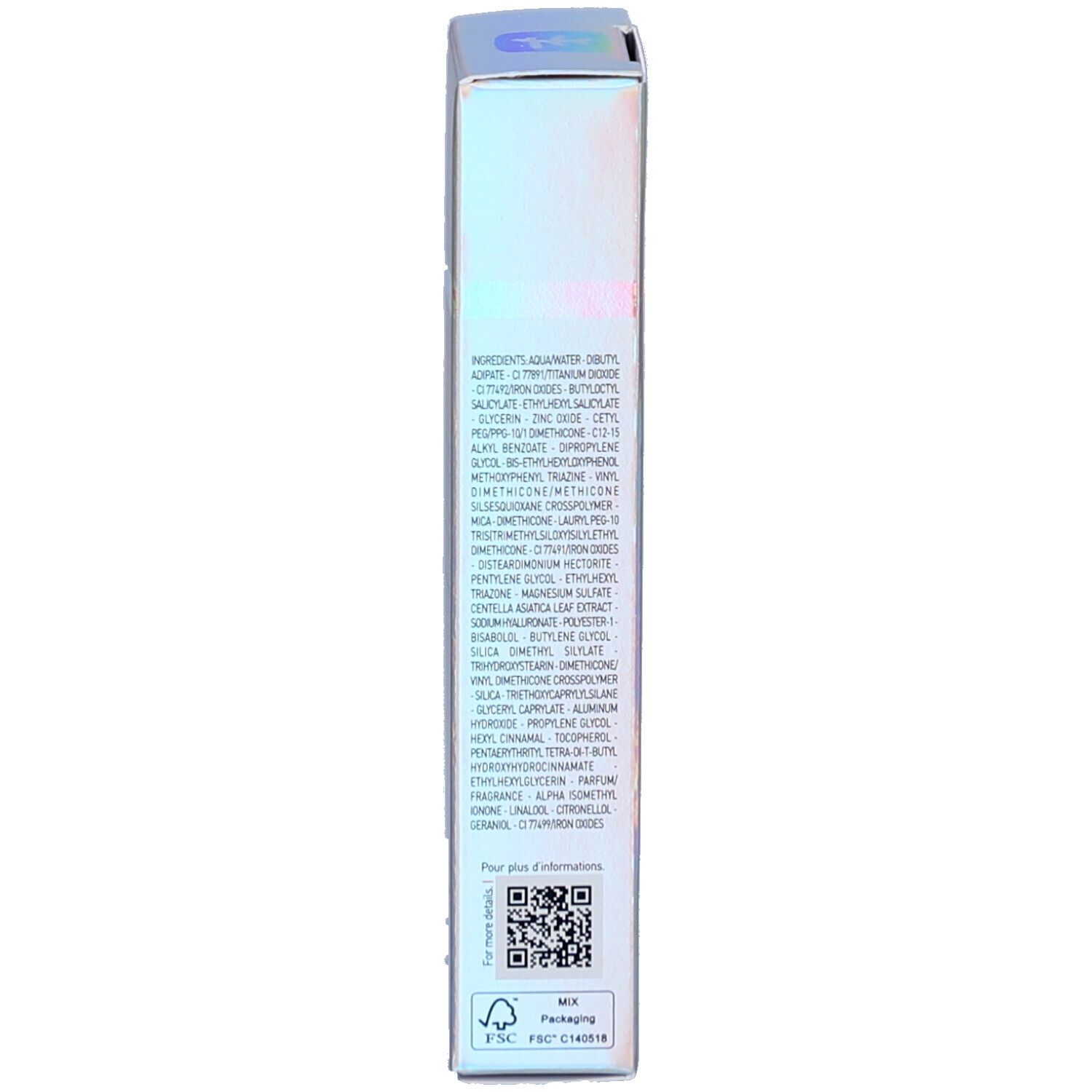 Côté de l'emballage de la CC Crème. Ingrédients, code QR, certification FSC. Texte: Pour plus d'informations.