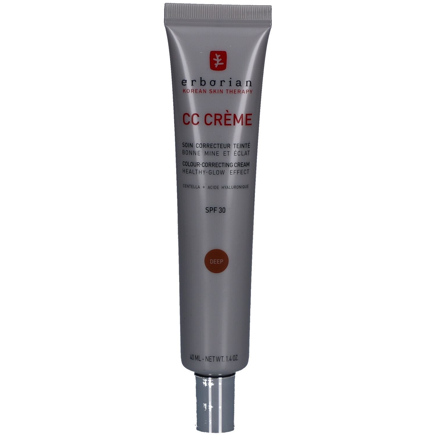 Tube gris Erborian CC Crème. Texte et teinte Deep. SPF 30. Bouchon argenté.